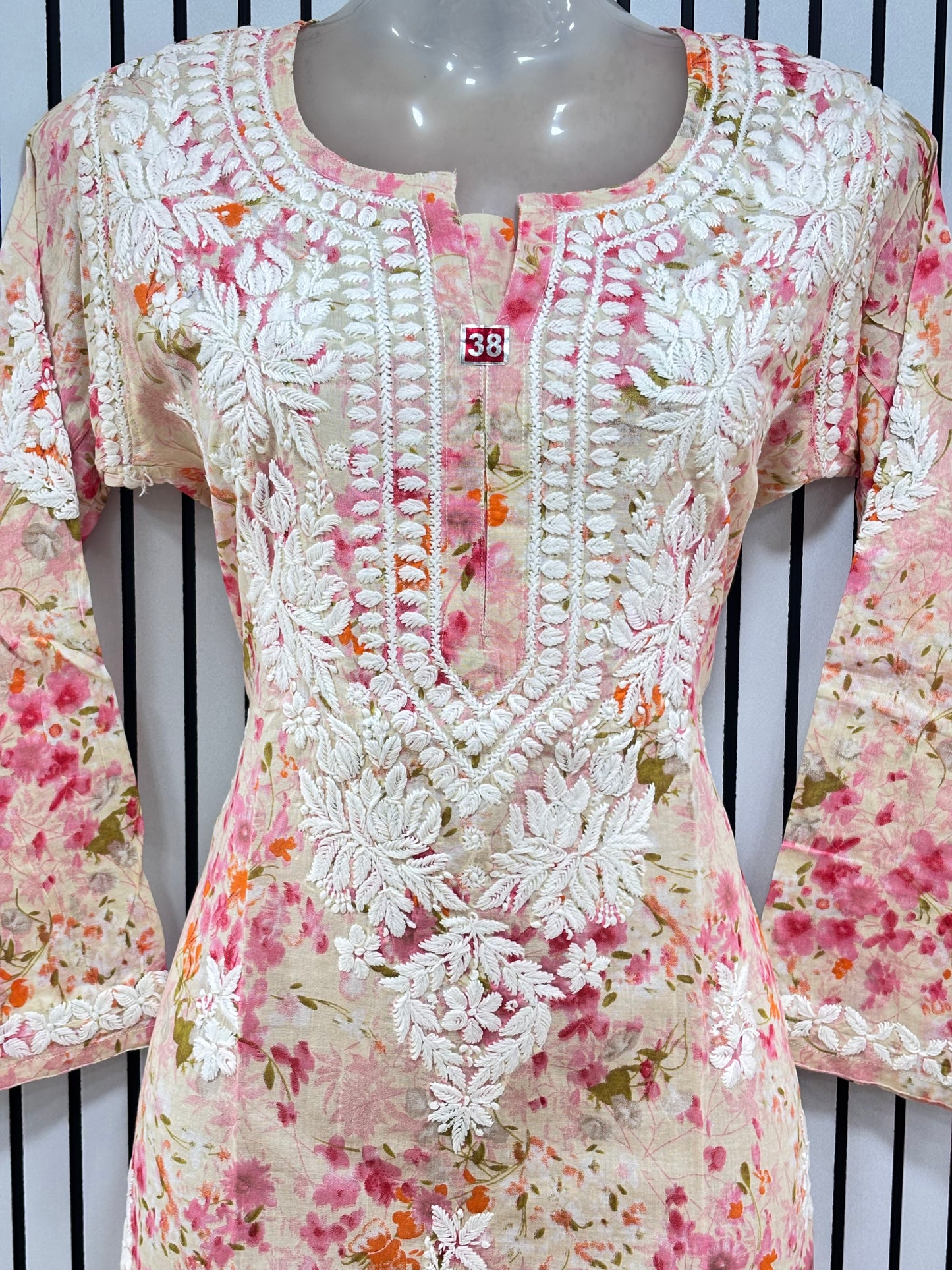 Graceful Printed Mulmul Chikankari Kurti with 3D Floral Embroidery