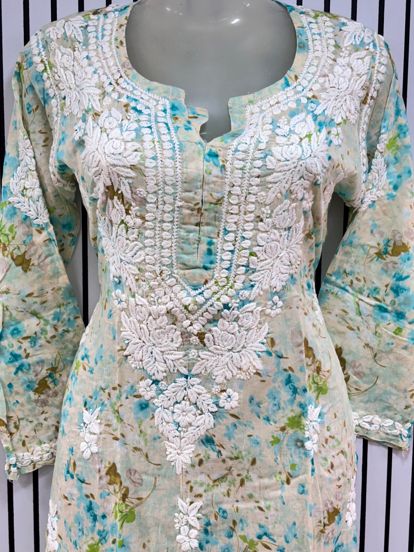 Graceful Printed Mulmul Chikankari Kurti with 3D Floral Embroidery