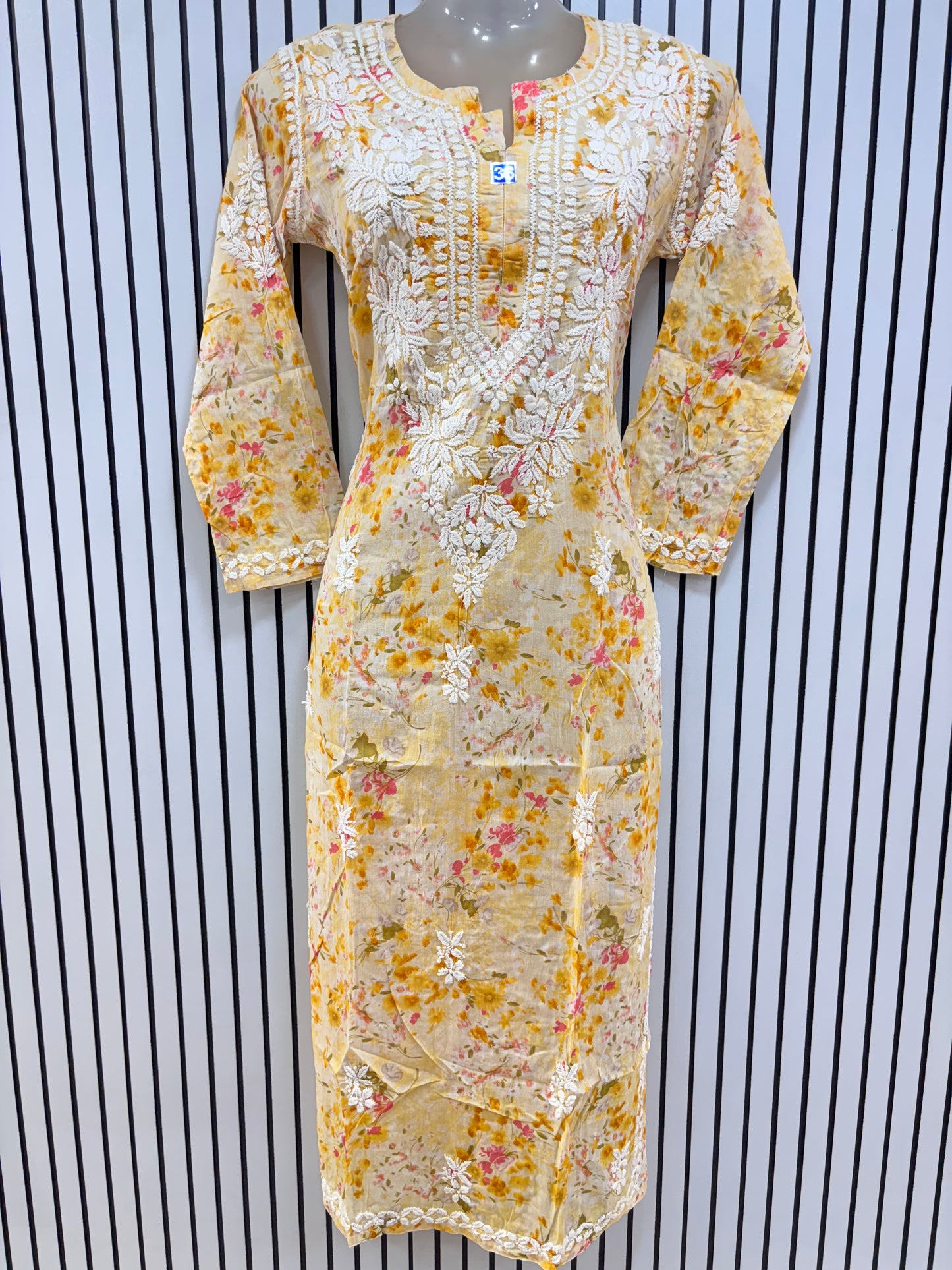 Graceful Printed Mulmul Chikankari Kurti with 3D Floral Embroidery
