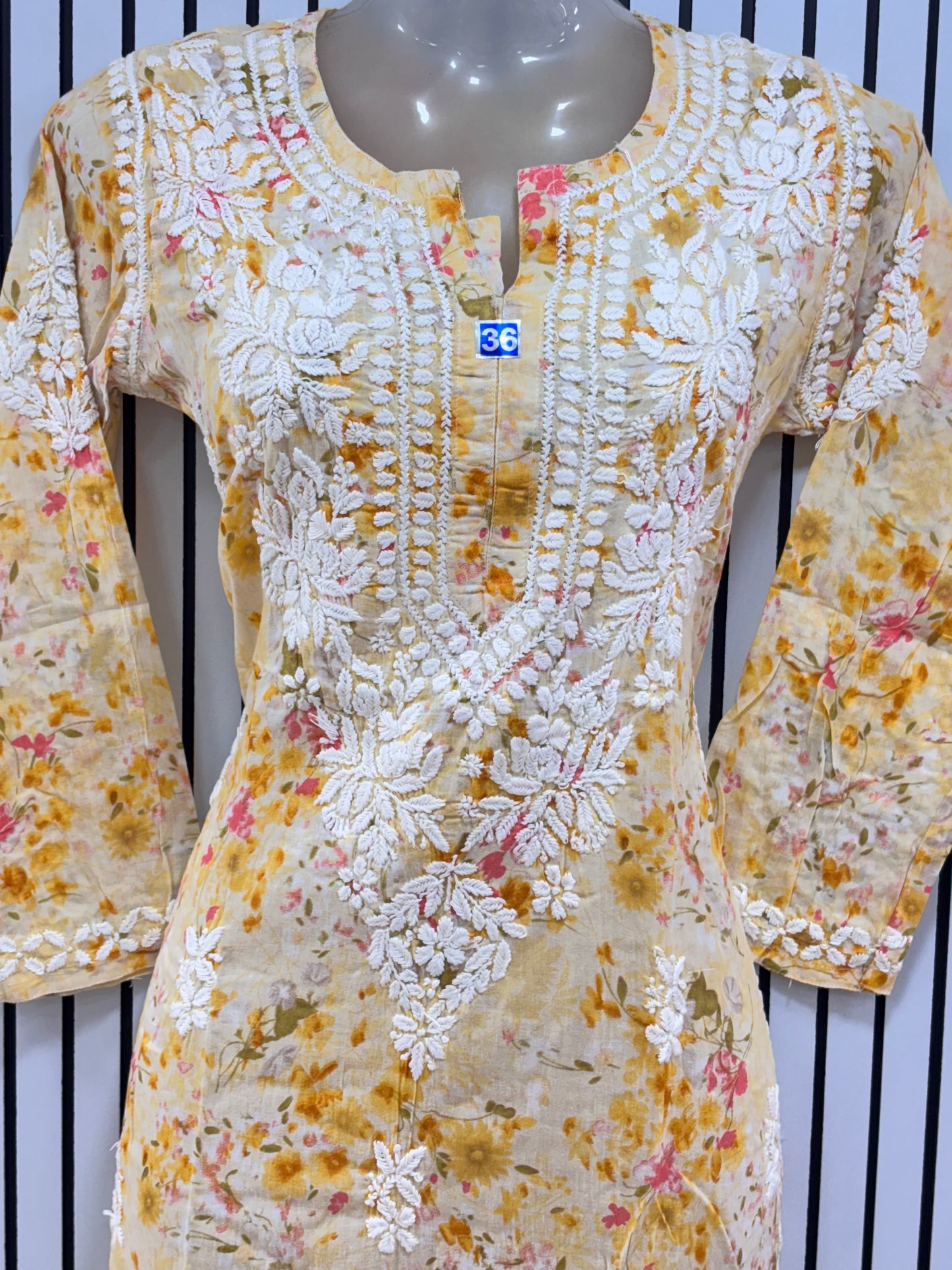 Graceful Printed Mulmul Chikankari Kurti with 3D Floral Embroidery