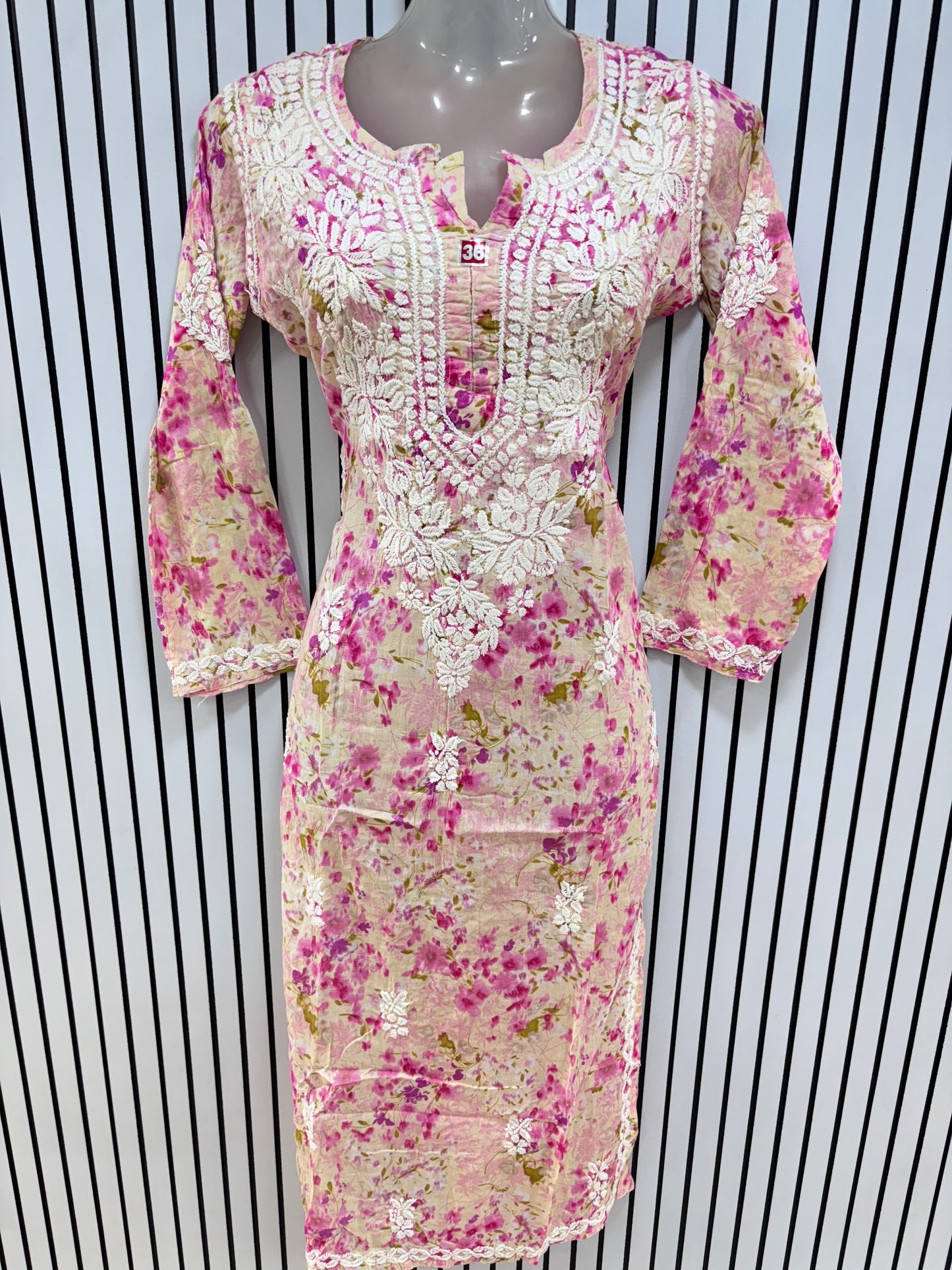 Graceful Printed Mulmul Chikankari Kurti with 3D Floral Embroidery