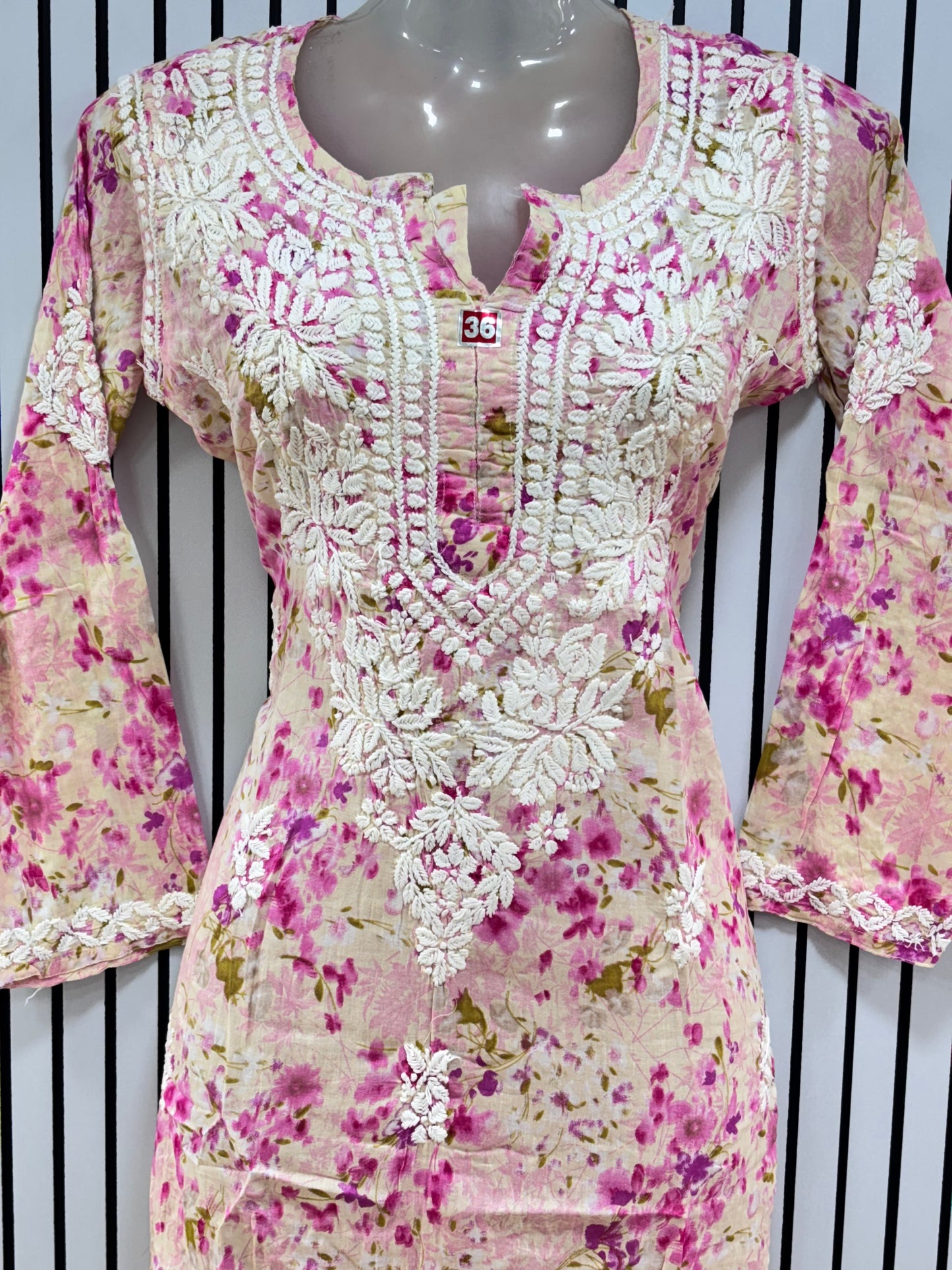 Graceful Printed Mulmul Chikankari Kurti with 3D Floral Embroidery