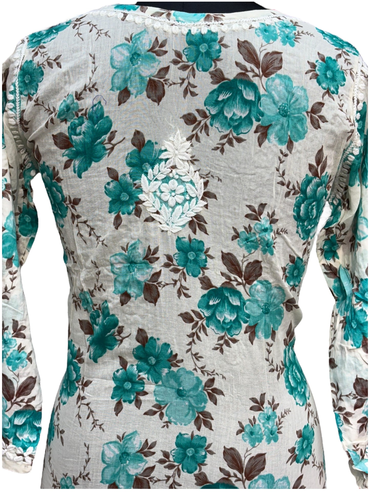 Graceful Printed Mulmul Chikankari Kurti with 3D Floral Embroidery