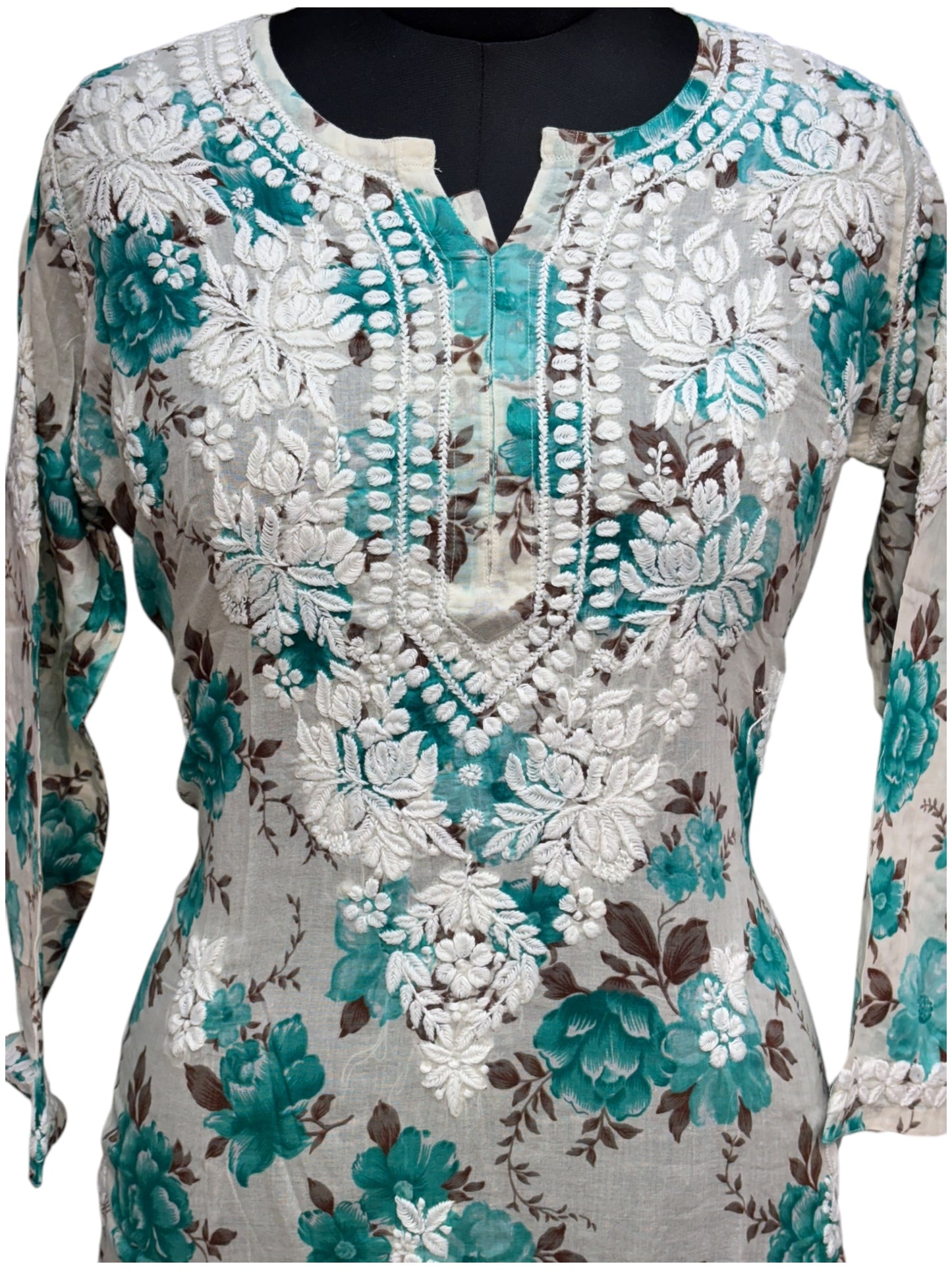 Graceful Printed Mulmul Chikankari Kurti with 3D Floral Embroidery