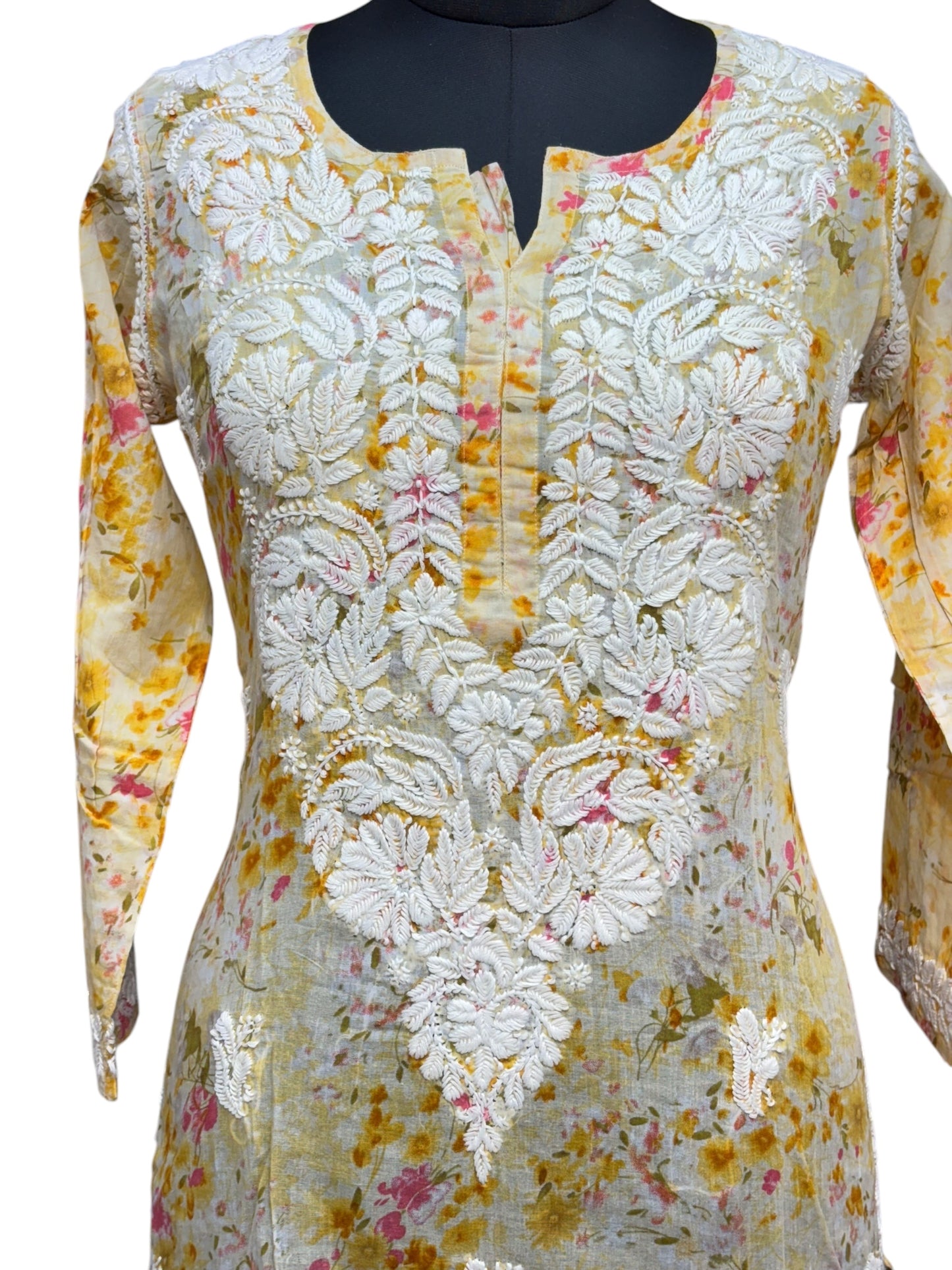 Graceful Printed Mulmul Chikankari Kurti with 3D Floral Embroidery