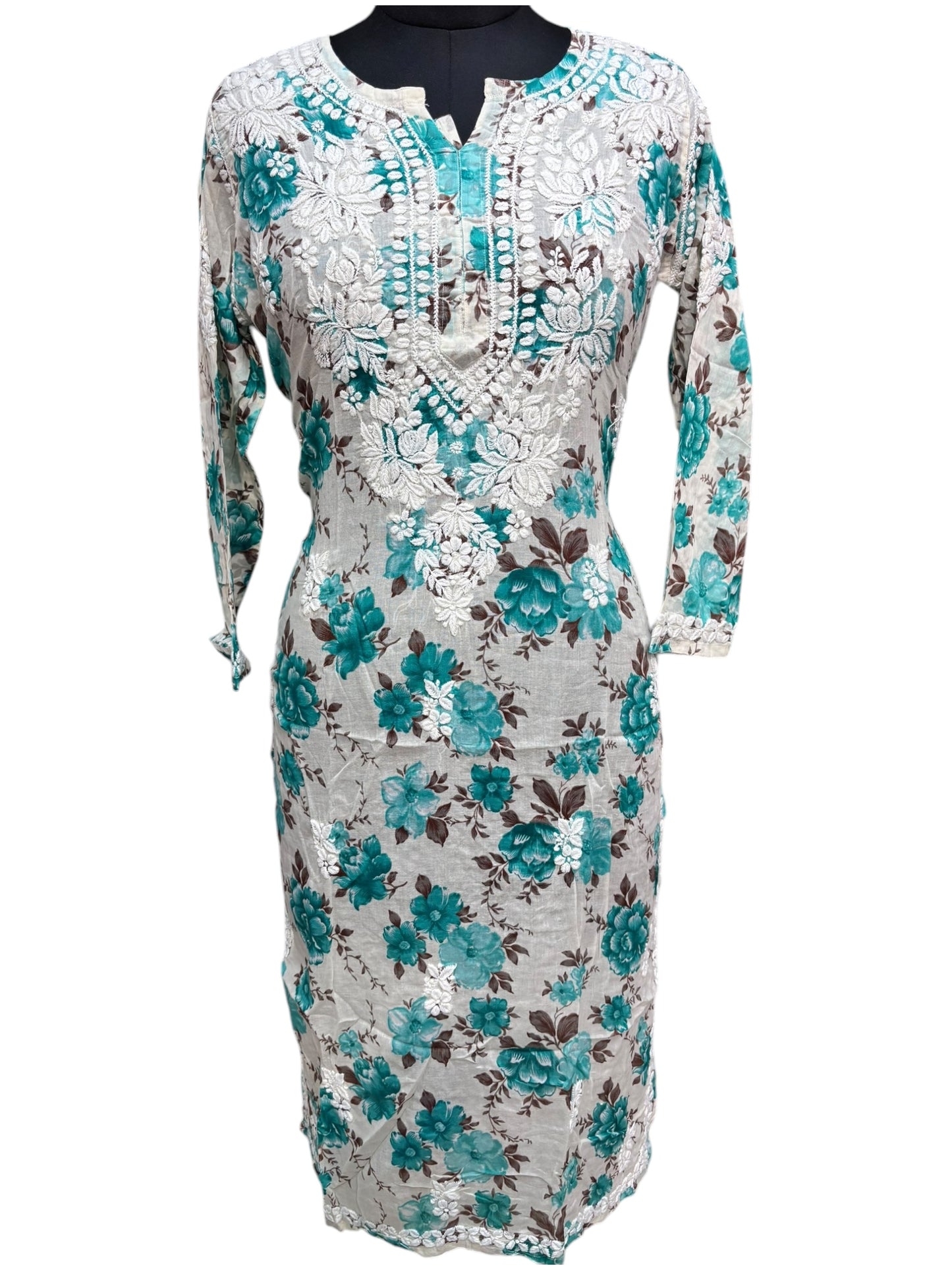 Graceful Printed Mulmul Chikankari Kurti with 3D Floral Embroidery
