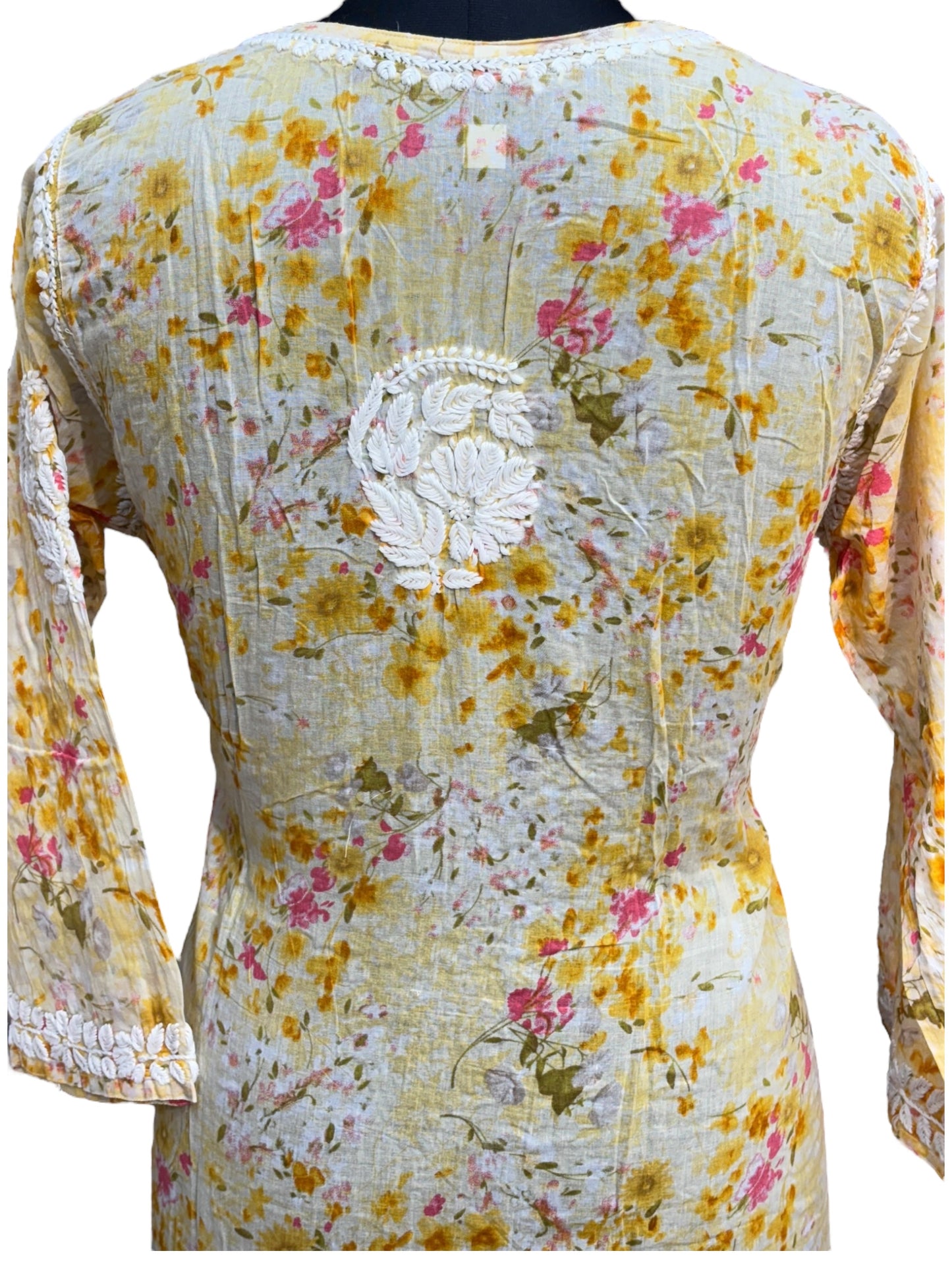 Graceful Printed Mulmul Chikankari Kurti with 3D Floral Embroidery