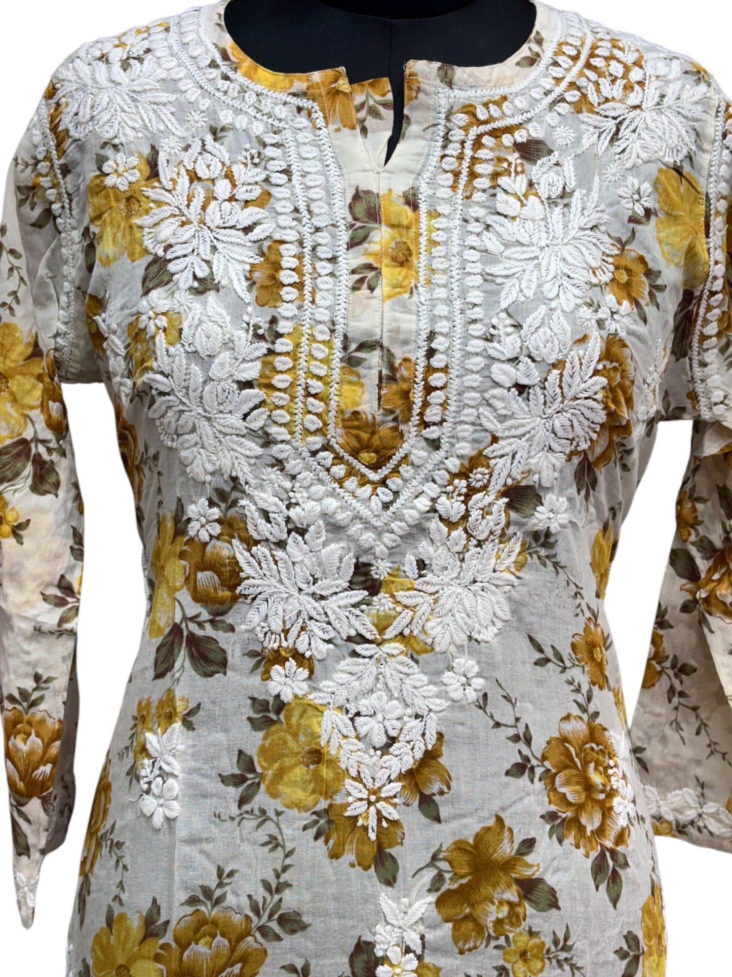 Graceful Printed Mulmul Chikankari Kurti with 3D Floral Embroidery