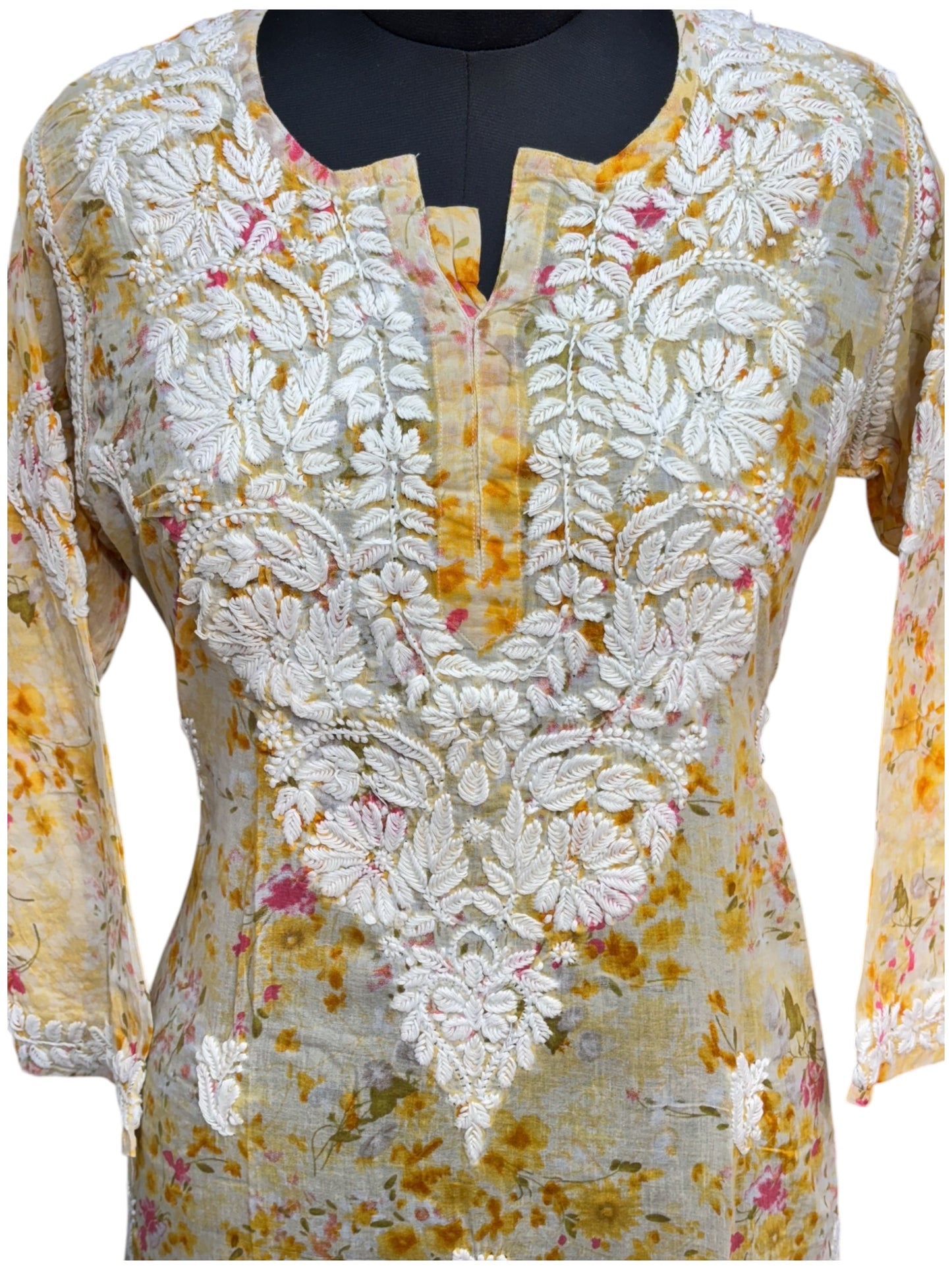 Graceful Printed Mulmul Chikankari Kurti with 3D Floral Embroidery