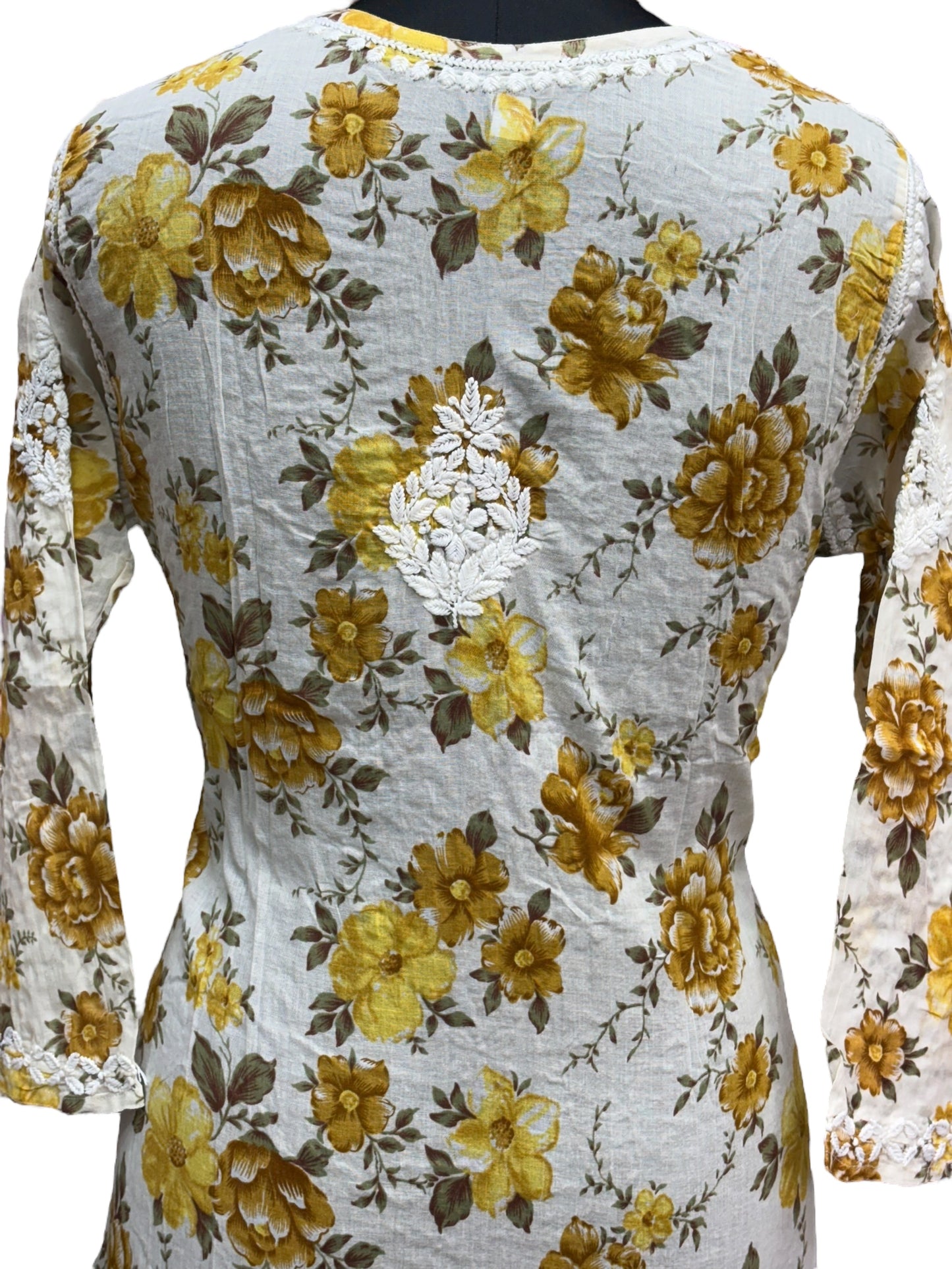 Graceful Printed Mulmul Chikankari Kurti with 3D Floral Embroidery