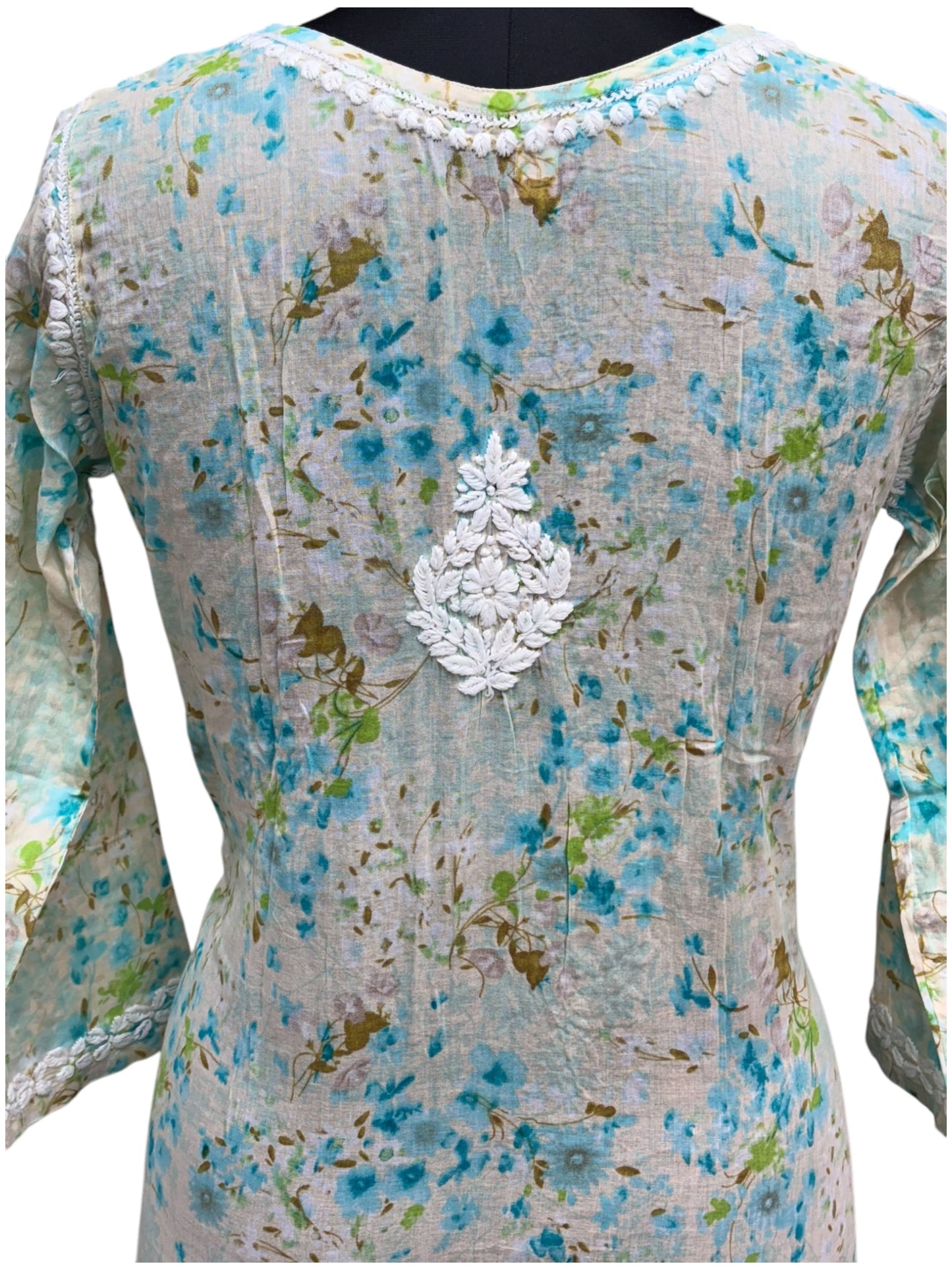 Graceful Printed Mulmul Chikankari Kurti with 3D Floral Embroidery
