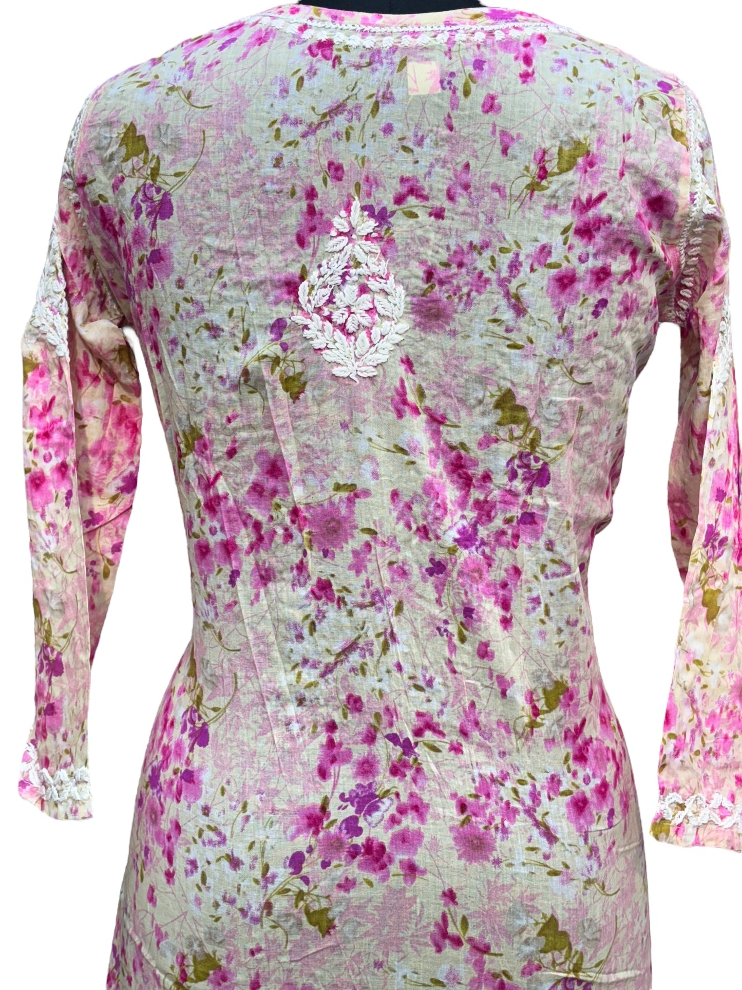 Graceful Printed Mulmul Chikankari Kurti with 3D Floral Embroidery
