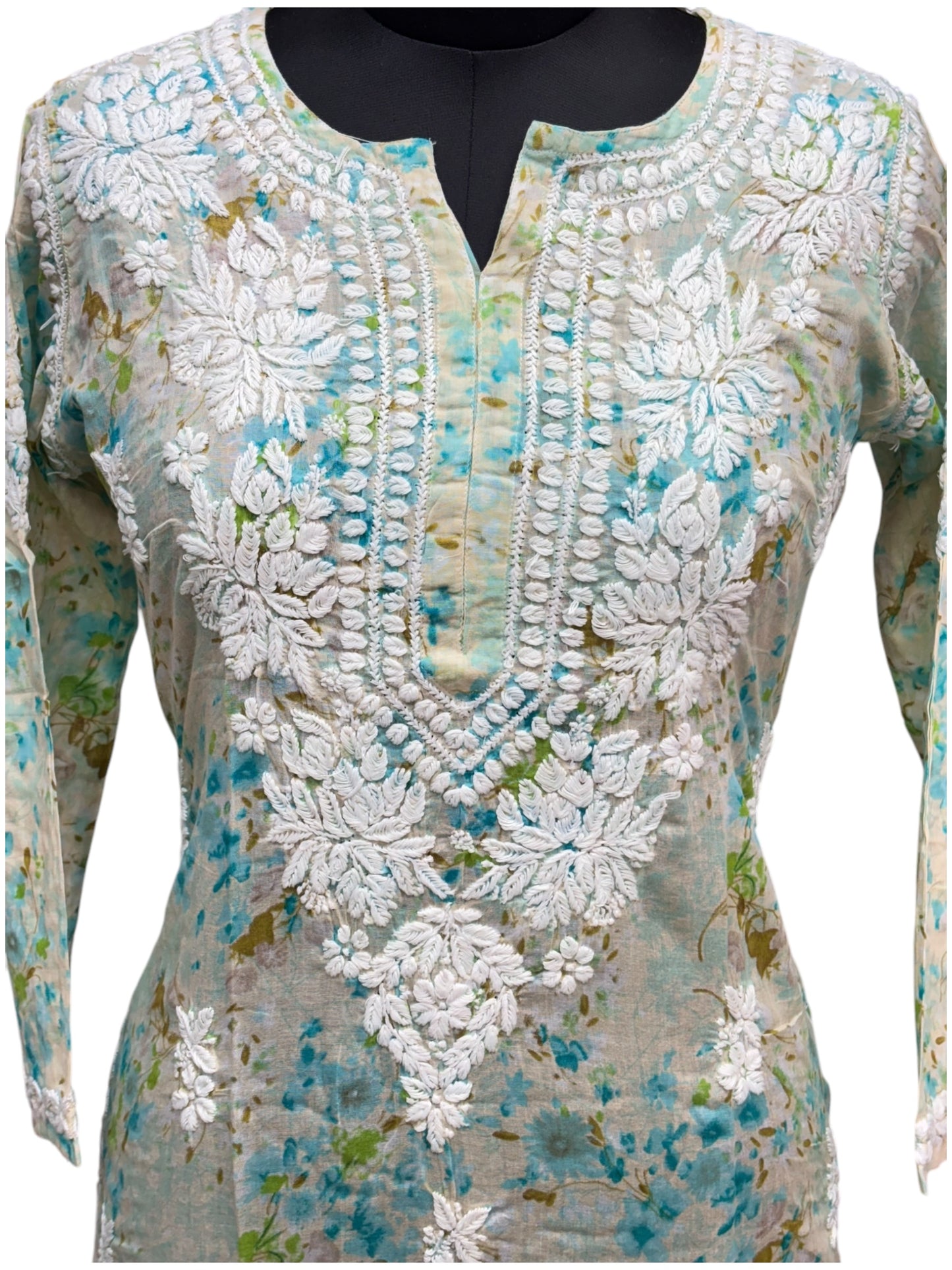 Graceful Printed Mulmul Chikankari Kurti with 3D Floral Embroidery