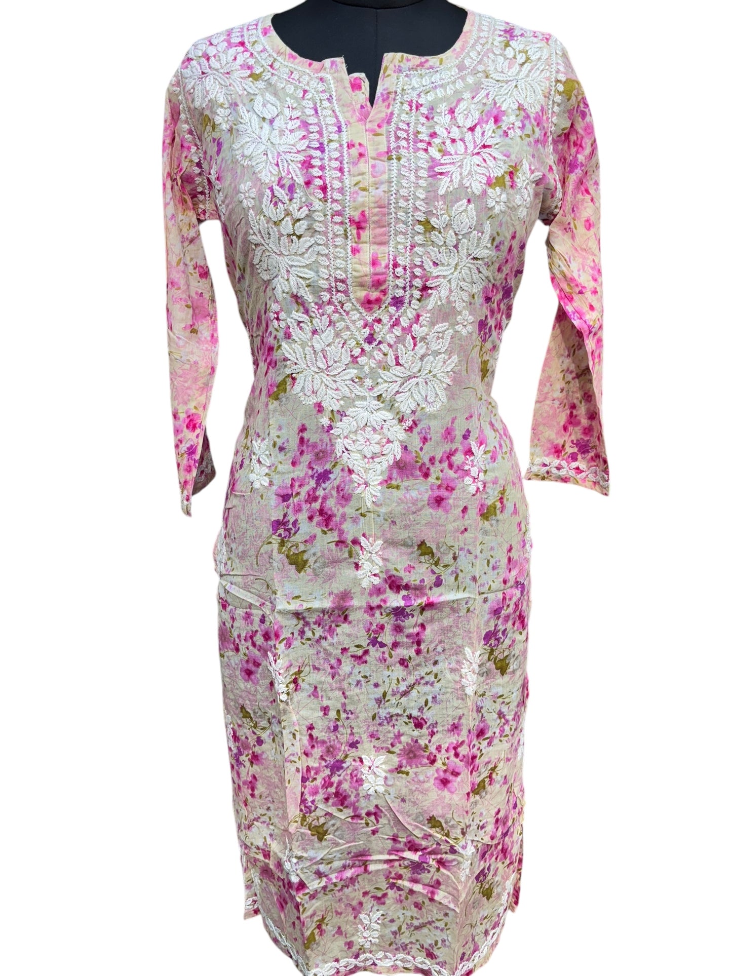 Graceful Printed Mulmul Chikankari Kurti with 3D Floral Embroidery