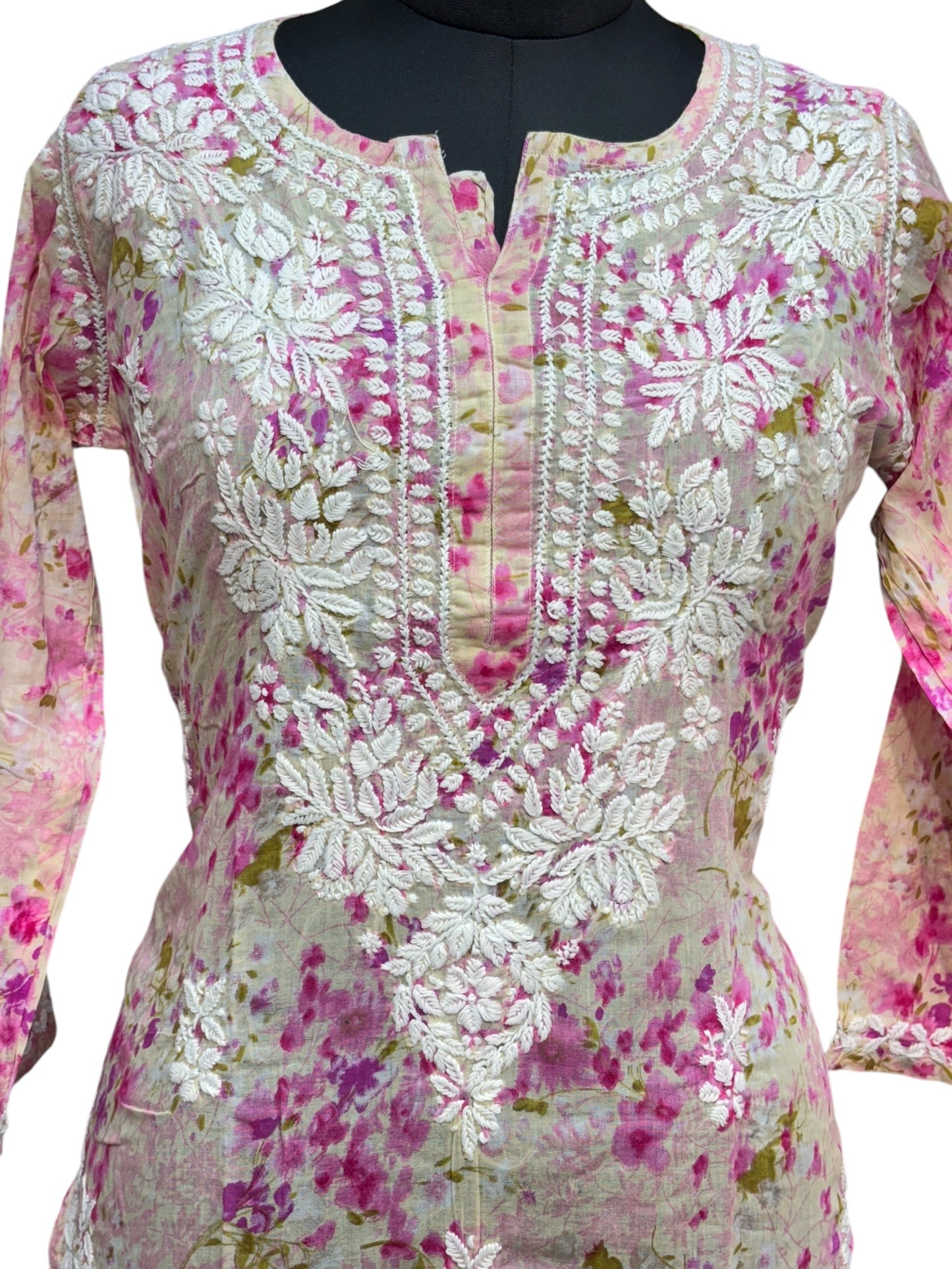 Graceful Printed Mulmul Chikankari Kurti with 3D Floral Embroidery