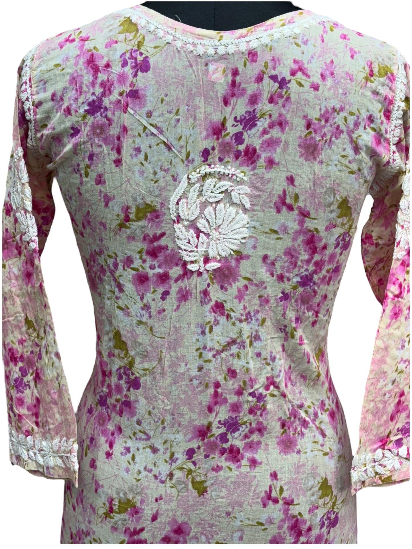 Graceful Printed Mulmul Chikankari Kurti with 3D Floral Embroidery