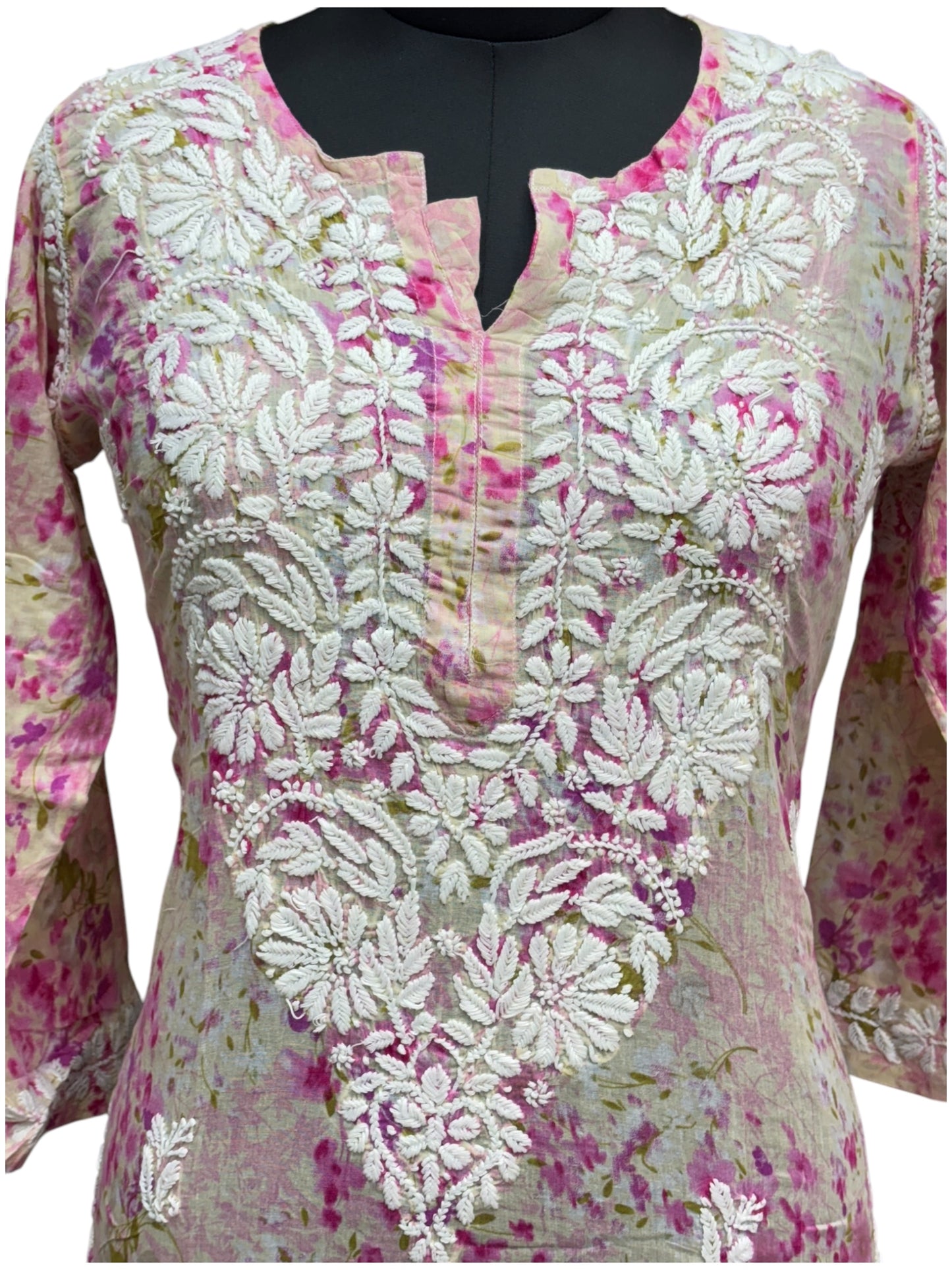 Graceful Printed Mulmul Chikankari Kurti with 3D Floral Embroidery