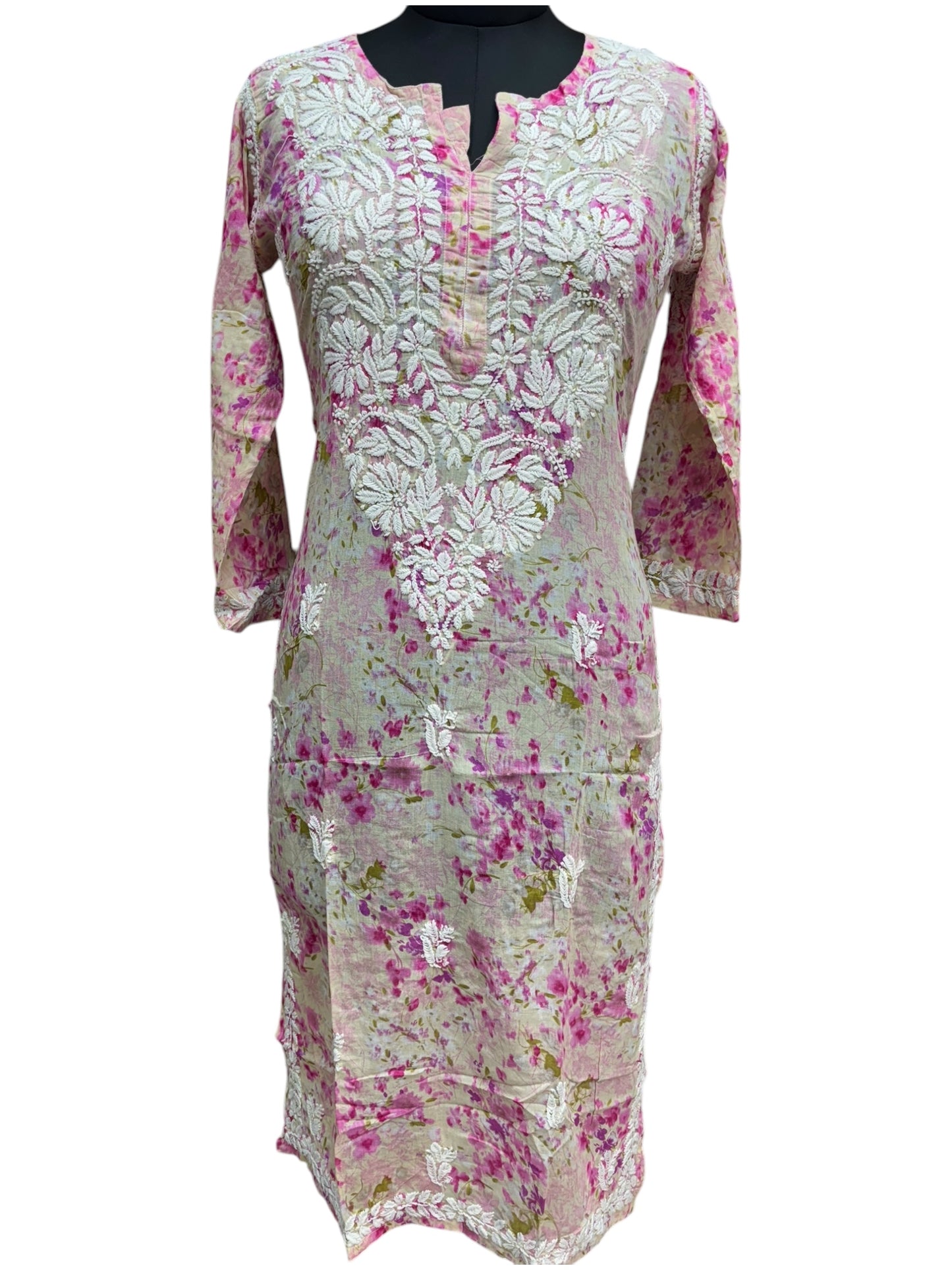 Graceful Printed Mulmul Chikankari Kurti with 3D Floral Embroidery