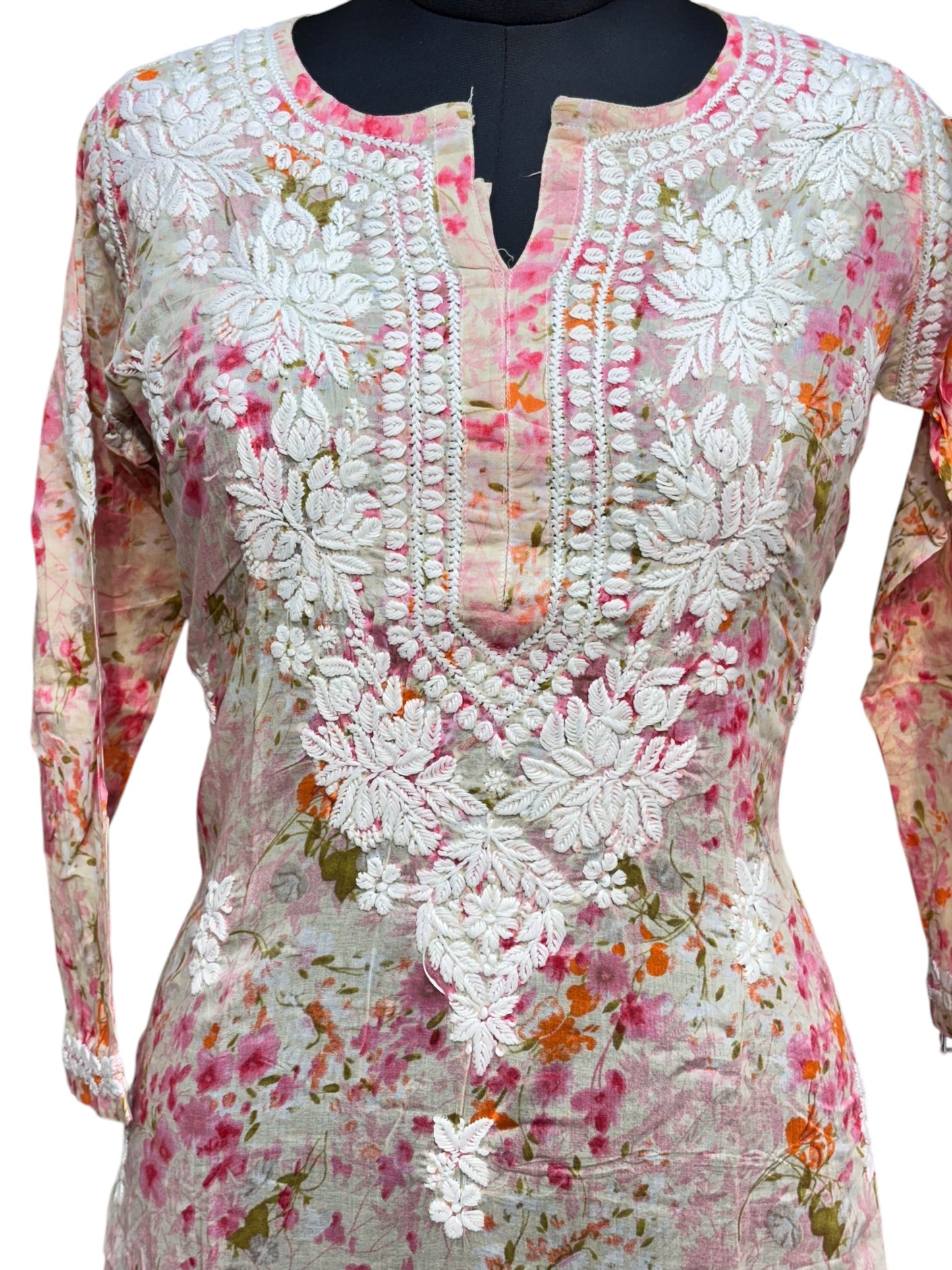 Graceful Printed Mulmul Chikankari Kurti with 3D Floral Embroidery