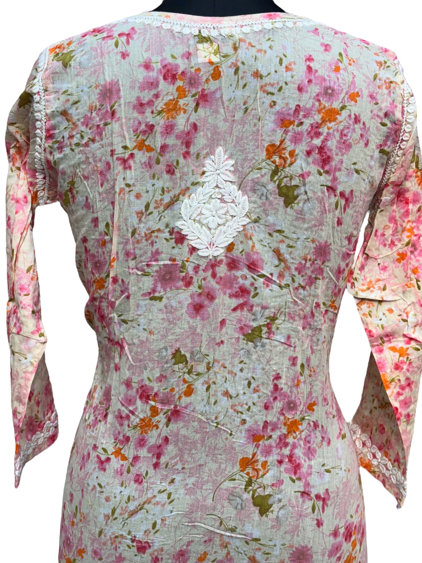 Graceful Printed Mulmul Chikankari Kurti with 3D Floral Embroidery