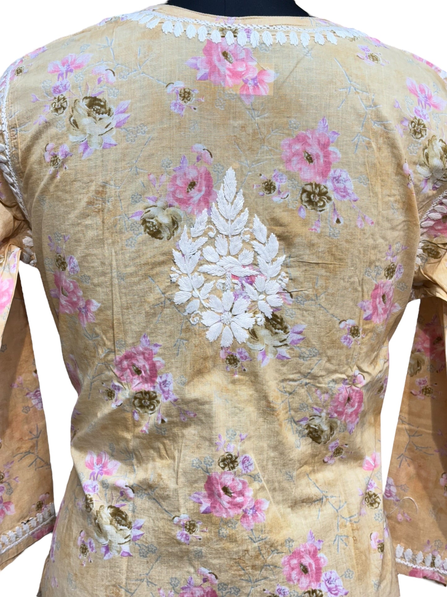 Graceful Printed Mulmul Chikankari Kurti with 3D Floral Embroidery