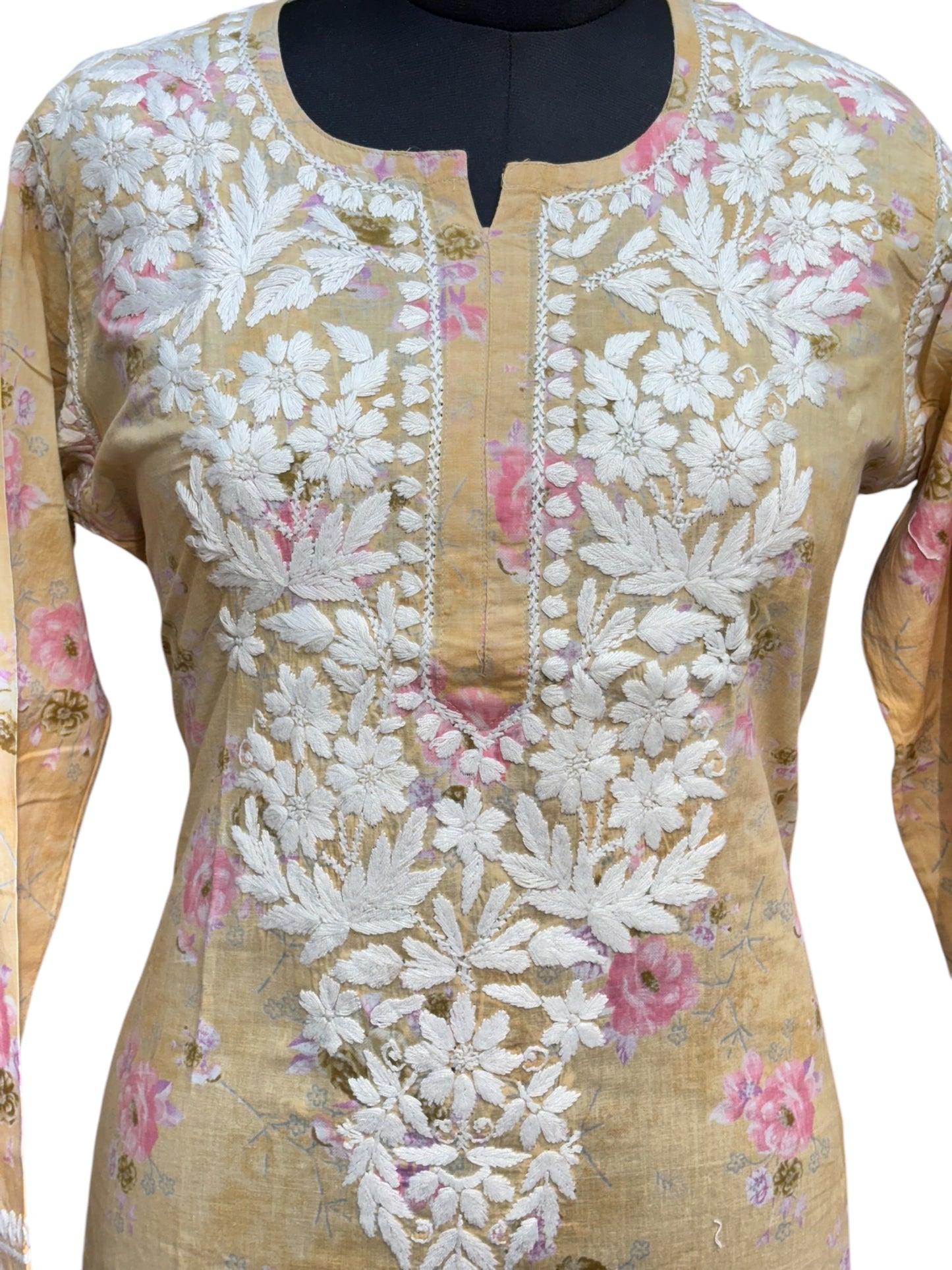 Graceful Printed Mulmul Chikankari Kurti with 3D Floral Embroidery