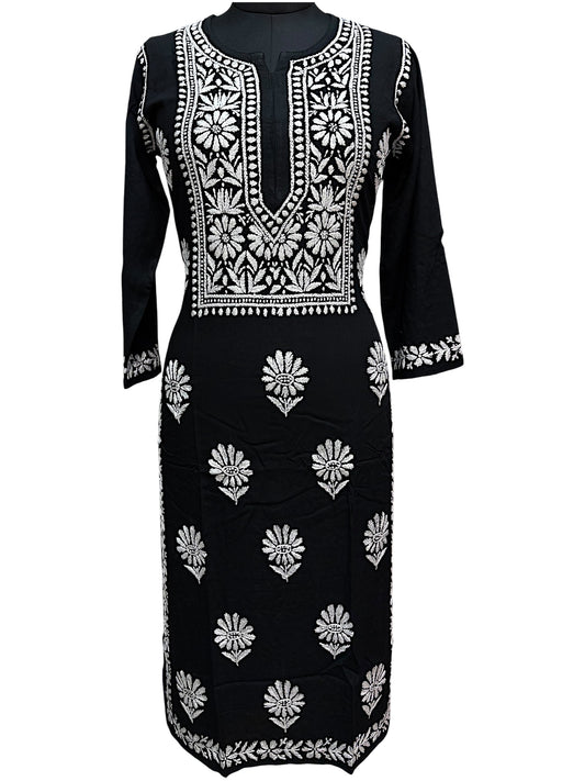Modal Black Chikankari Kurti with Delicate White Embroidery