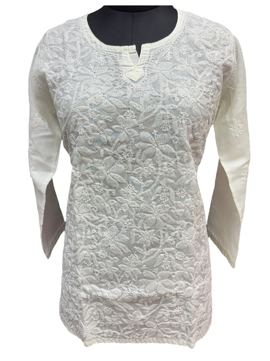 Pure Mulmul Short Kurti with Intricate Shadow Embroidery - Comfort With Elegance