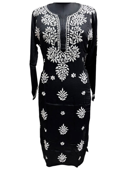 Premium Black Modal Satin Kurti With 3D Embroidery