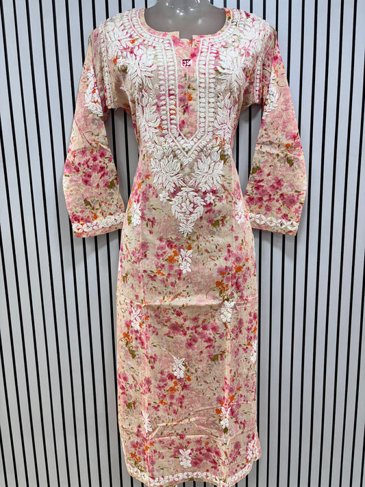Graceful Printed Mulmul Chikankari Kurti with 3D Floral Embroidery