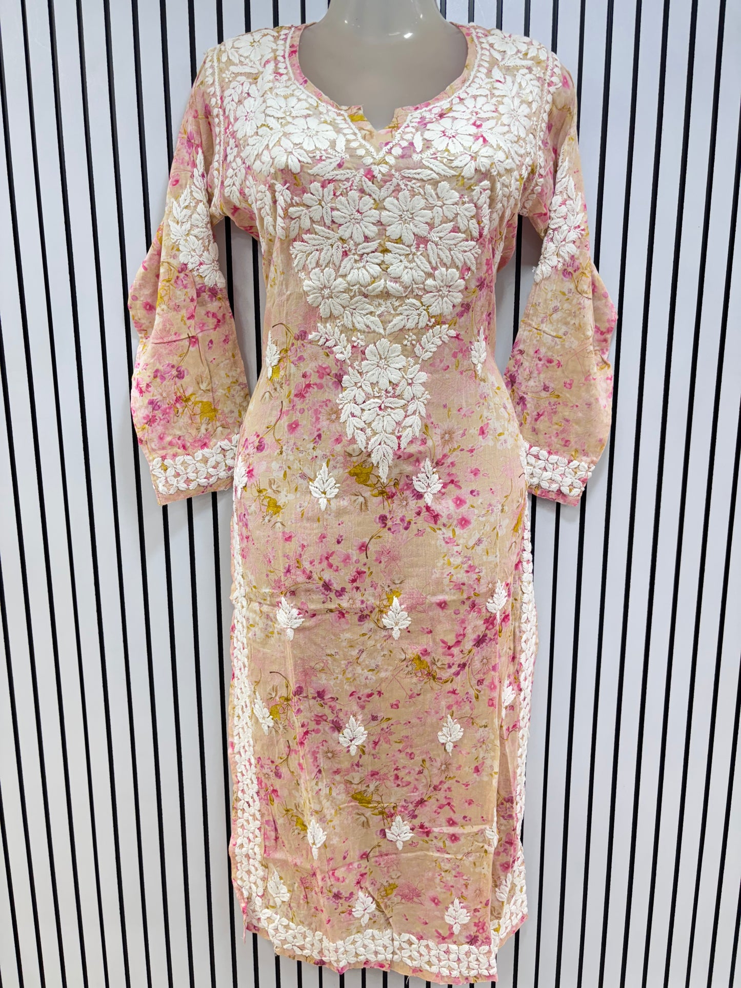 Graceful Printed Mulmul Chikankari Kurti with 3D Floral Embroidery