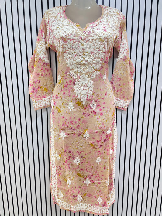 Graceful Printed Mulmul Chikankari Kurti with 3D Floral Embroidery