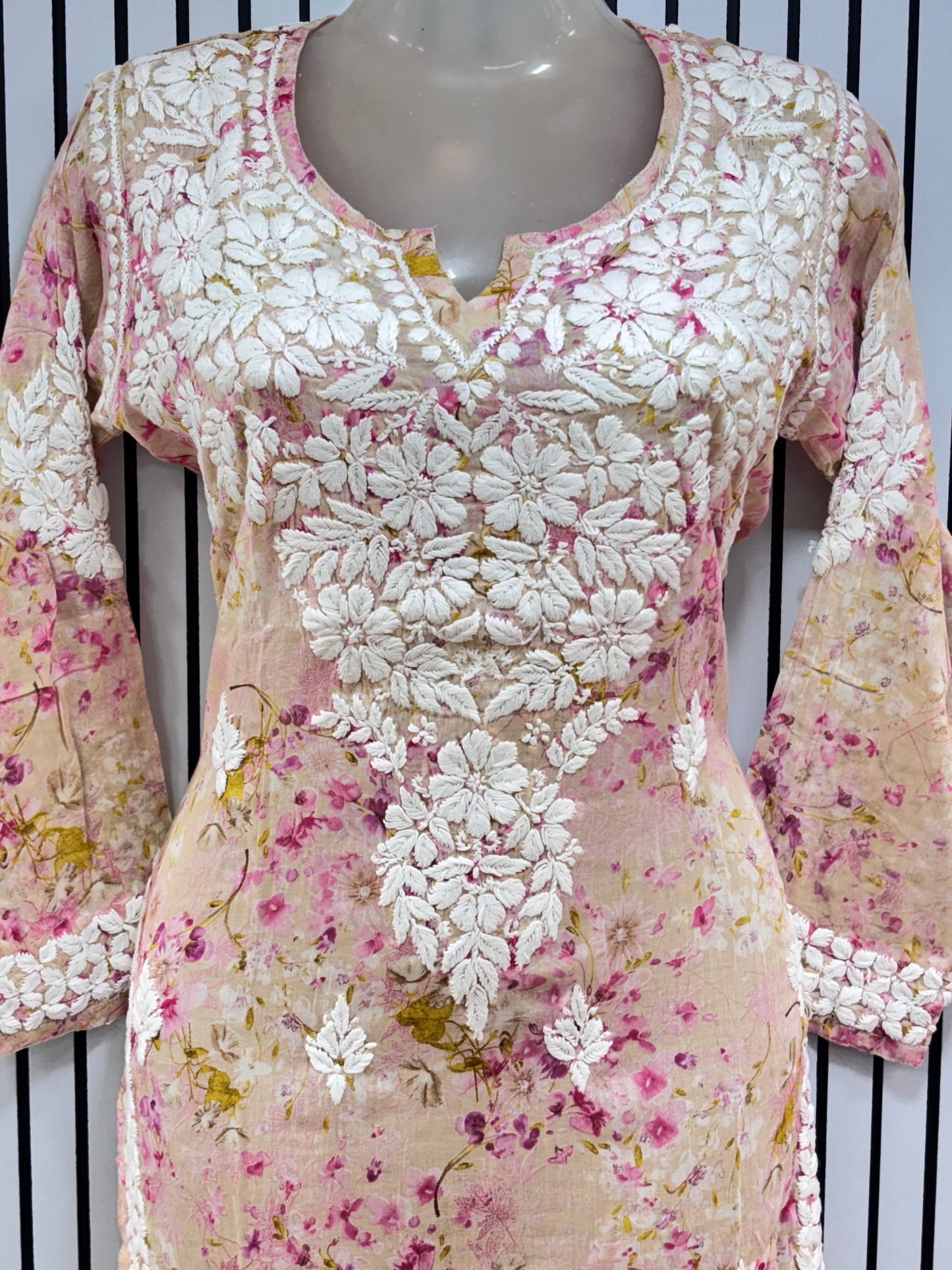 Graceful Printed Mulmul Chikankari Kurti with 3D Floral Embroidery