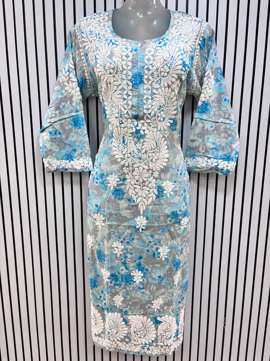 Graceful Printed Mulmul Chikankari Kurti with 3D Floral Embroidery