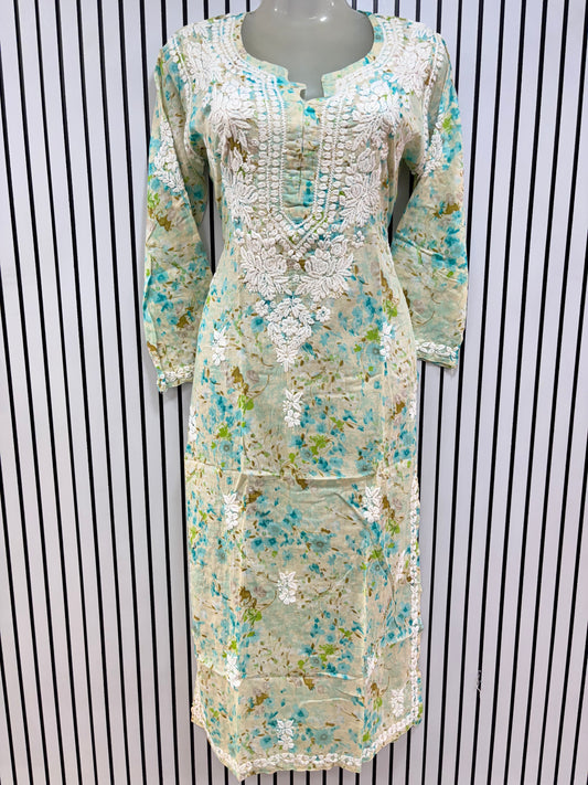 Graceful Printed Mulmul Chikankari Kurti with 3D Floral Embroidery