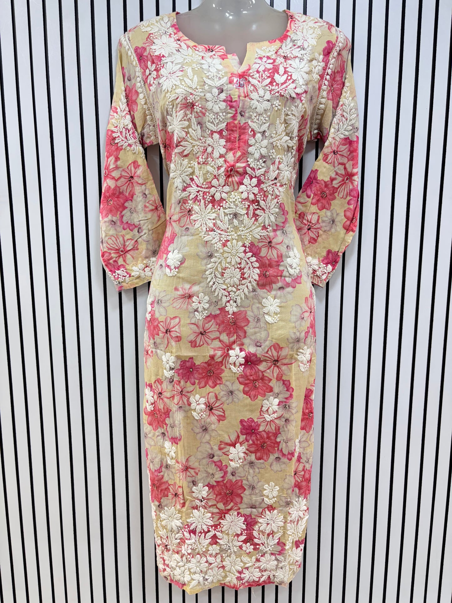 Graceful Printed Mulmul Chikankari Kurti with 3D Floral Embroidery
