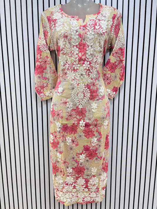 Graceful Printed Mulmul Chikankari Kurti with 3D Floral Embroidery