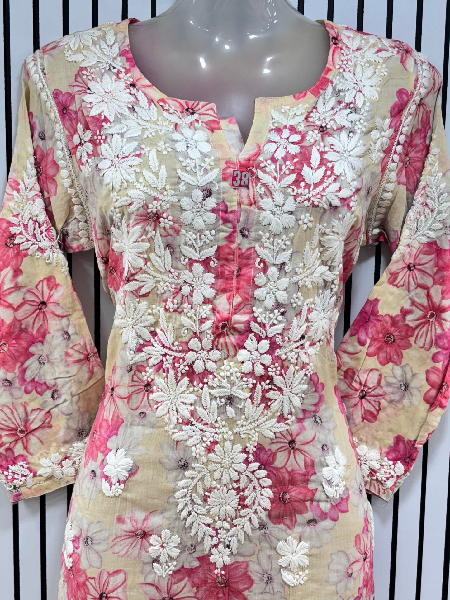 Graceful Printed Mulmul Chikankari Kurti with 3D Floral Embroidery