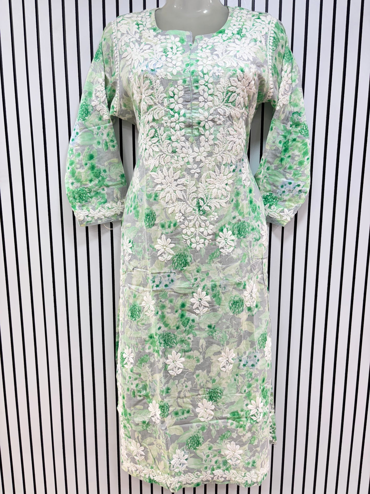 Graceful Printed Mulmul Chikankari Kurti with 3D Floral Embroidery