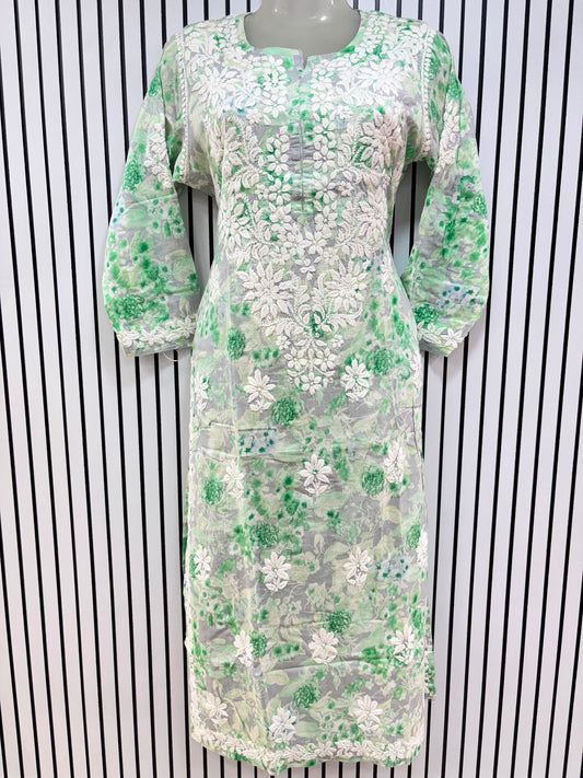 Graceful Printed Mulmul Chikankari Kurti with 3D Floral Embroidery