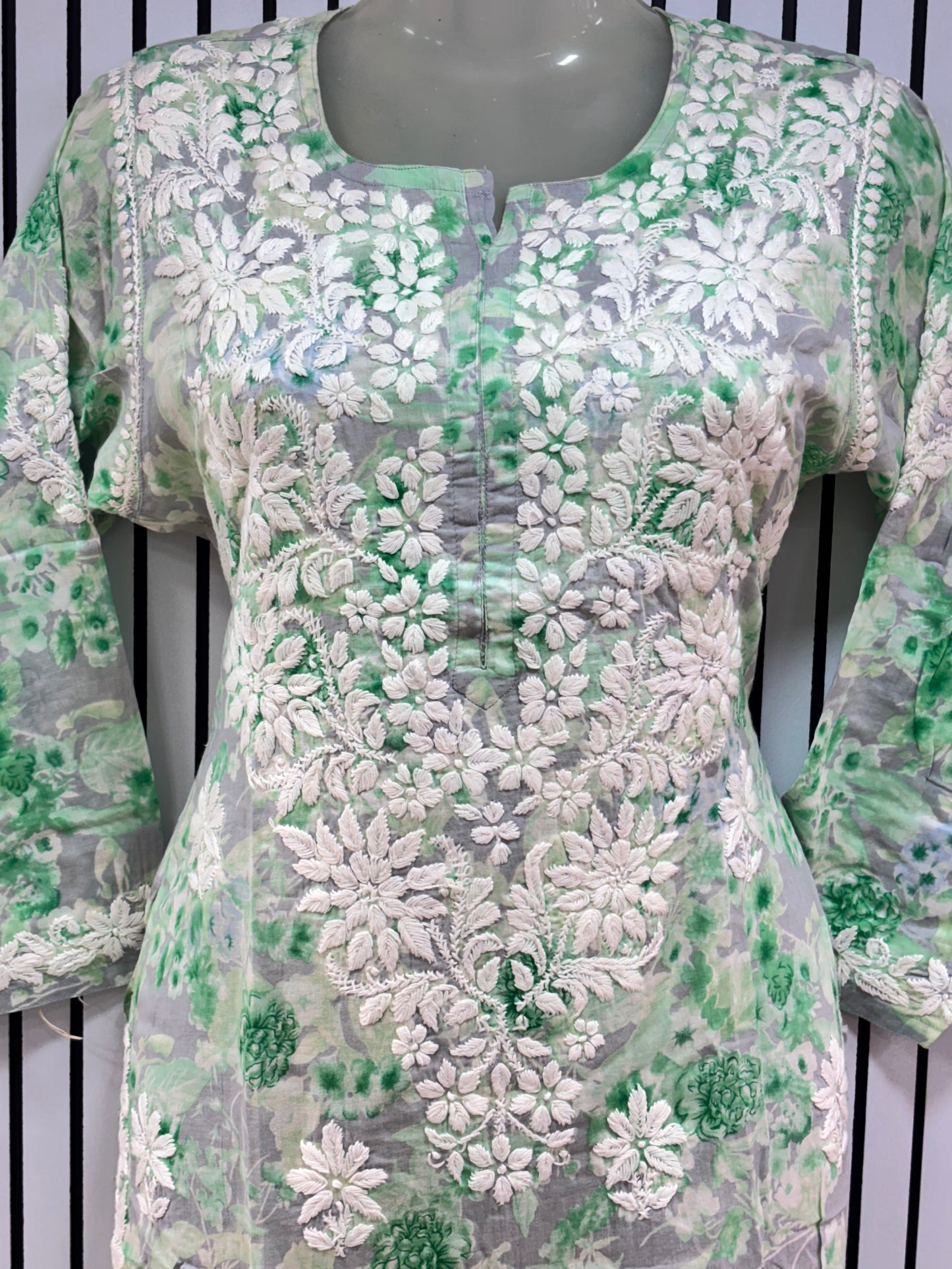 Graceful Printed Mulmul Chikankari Kurti with 3D Floral Embroidery