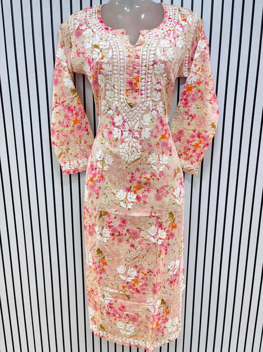 Graceful Printed Mulmul Chikankari Kurti with 3D Floral Embroidery