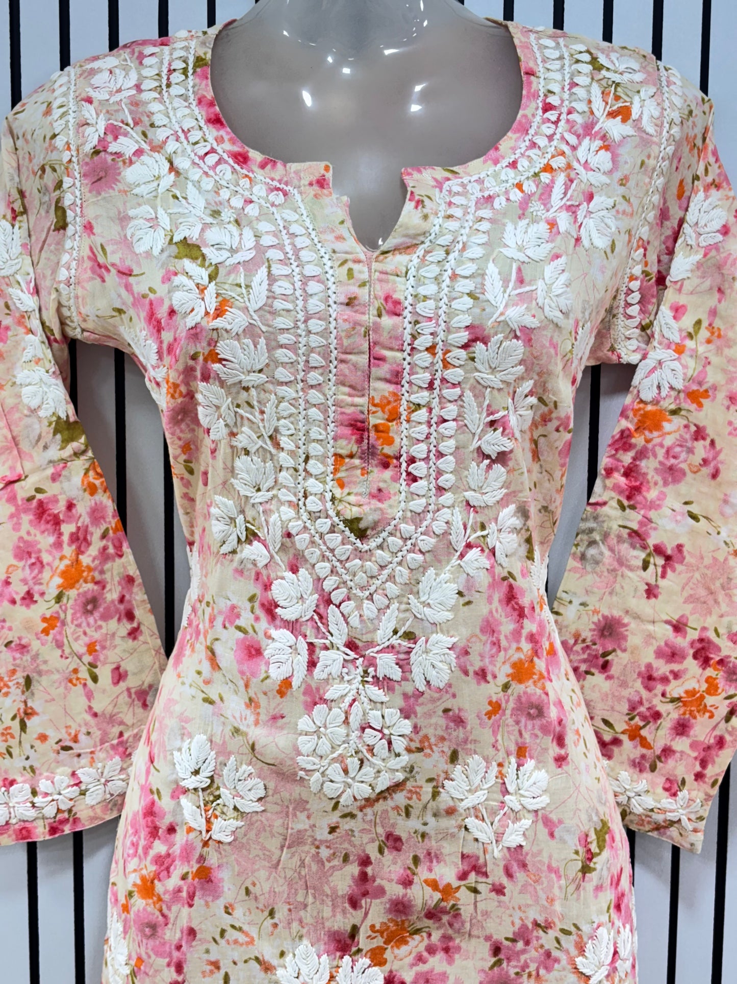 Graceful Printed Mulmul Chikankari Kurti with 3D Floral Embroidery