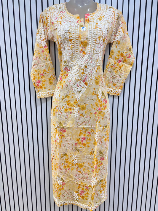 Graceful Printed Mulmul Chikankari Kurti with 3D Floral Embroidery