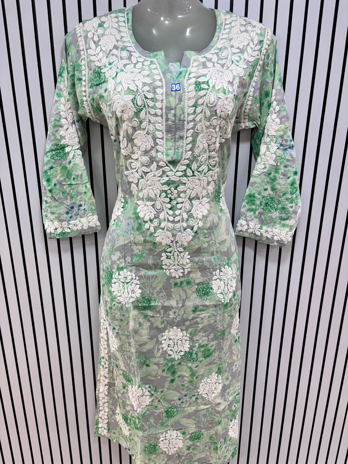 Graceful Printed Mulmul Chikankari Kurti with 3D Floral Embroidery