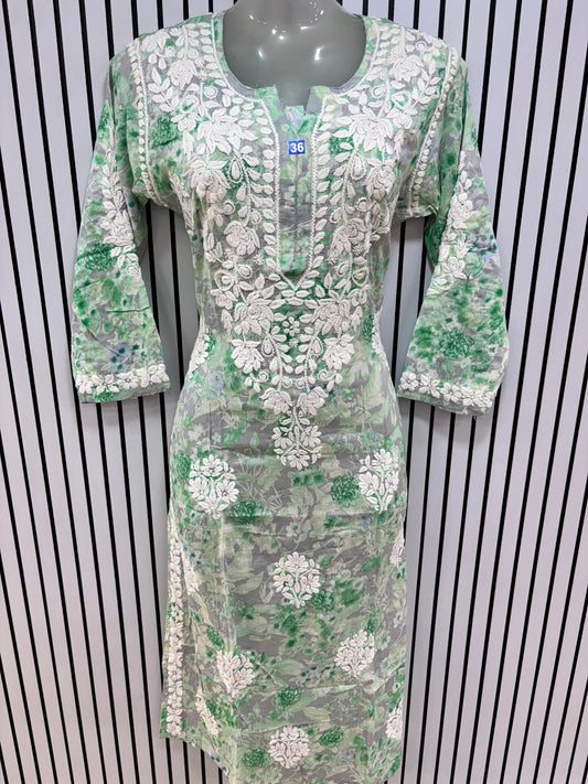 Graceful Printed Mulmul Chikankari Kurti with 3D Floral Embroidery