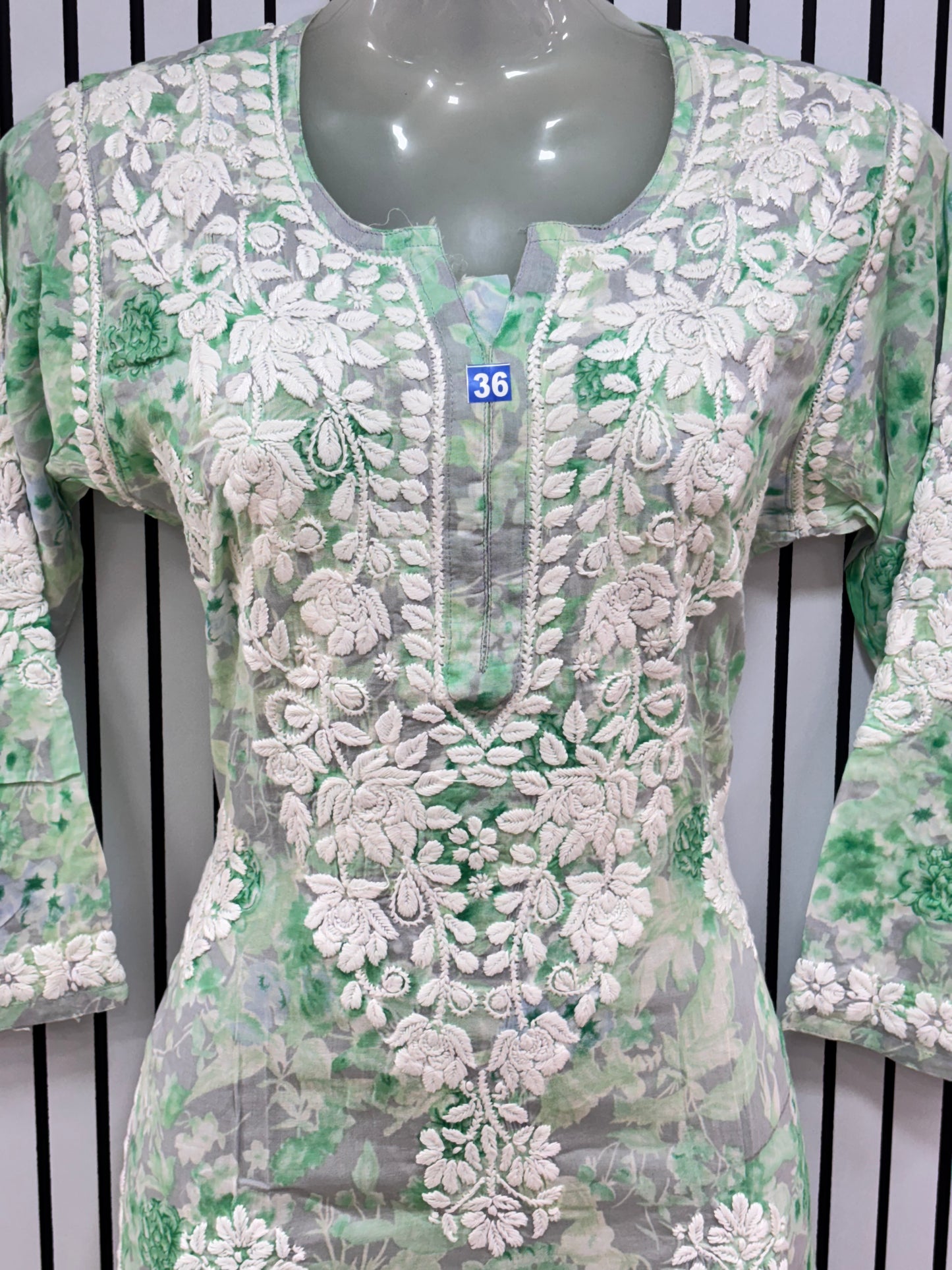 Graceful Printed Mulmul Chikankari Kurti with 3D Floral Embroidery