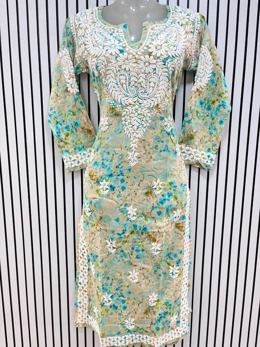 Graceful Printed Mulmul Chikankari Kurti with 3D Floral Embroidery