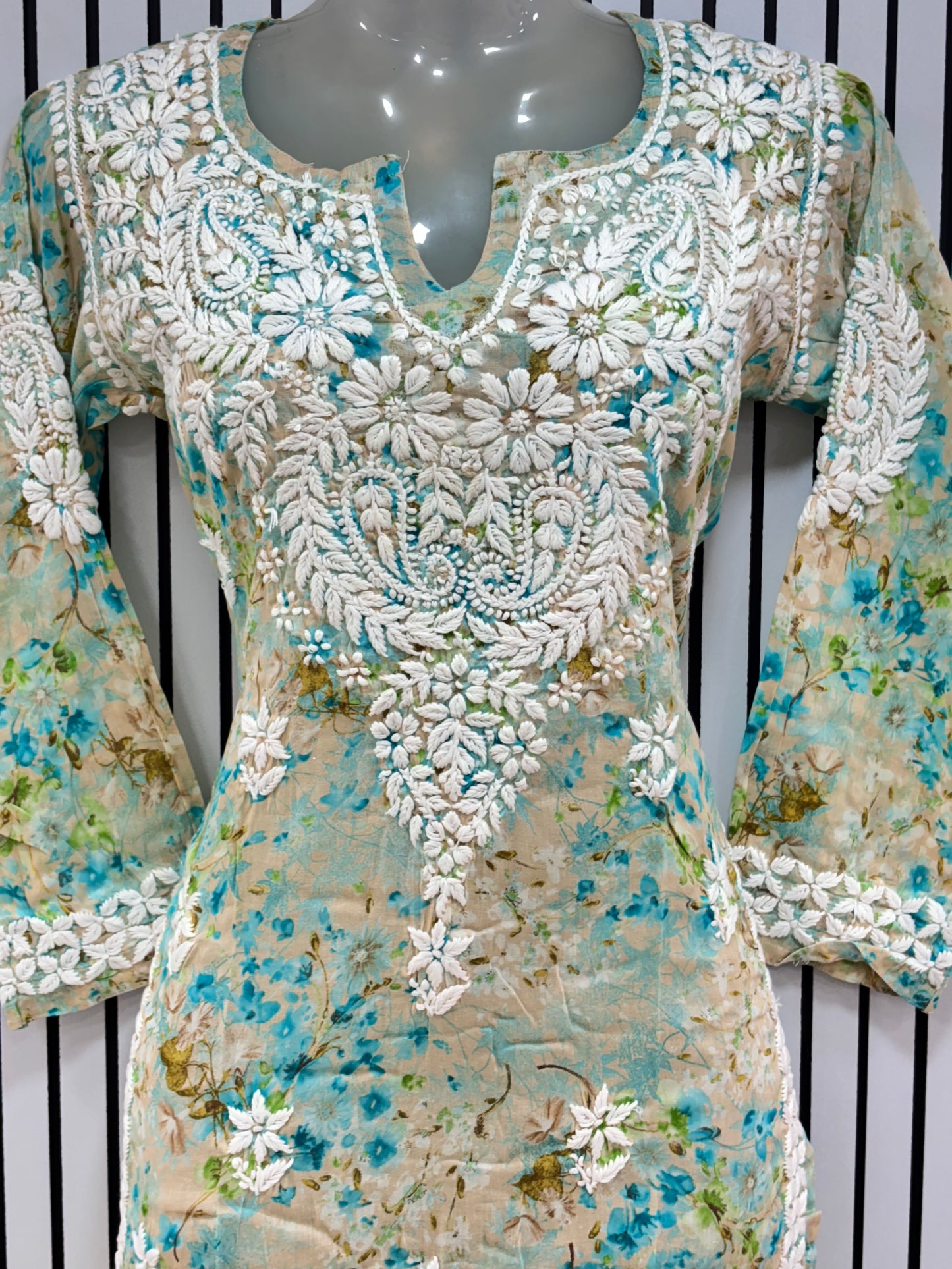 Graceful Printed Mulmul Chikankari Kurti with 3D Floral Embroidery
