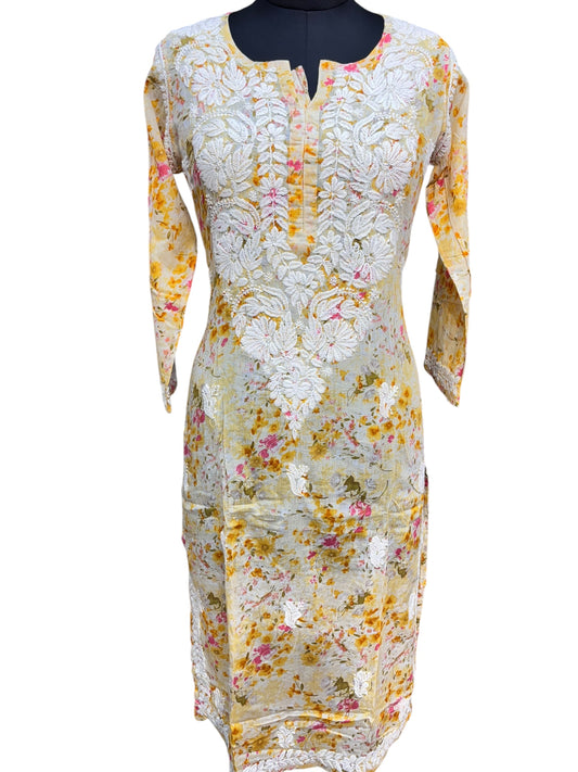 Graceful Printed Mulmul Chikankari Kurti with 3D Floral Embroidery